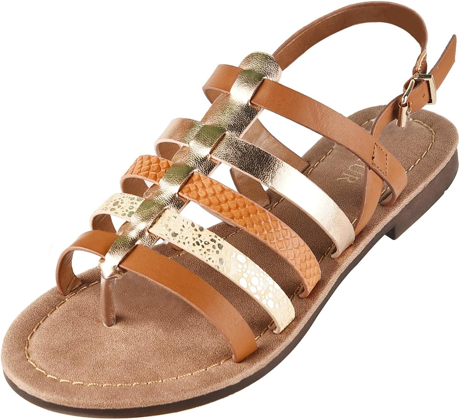 LUXUR Women Flat Sandals Strappy Gladiator Woman Shoes Casual Wear Slide Sandals Brown 9 US