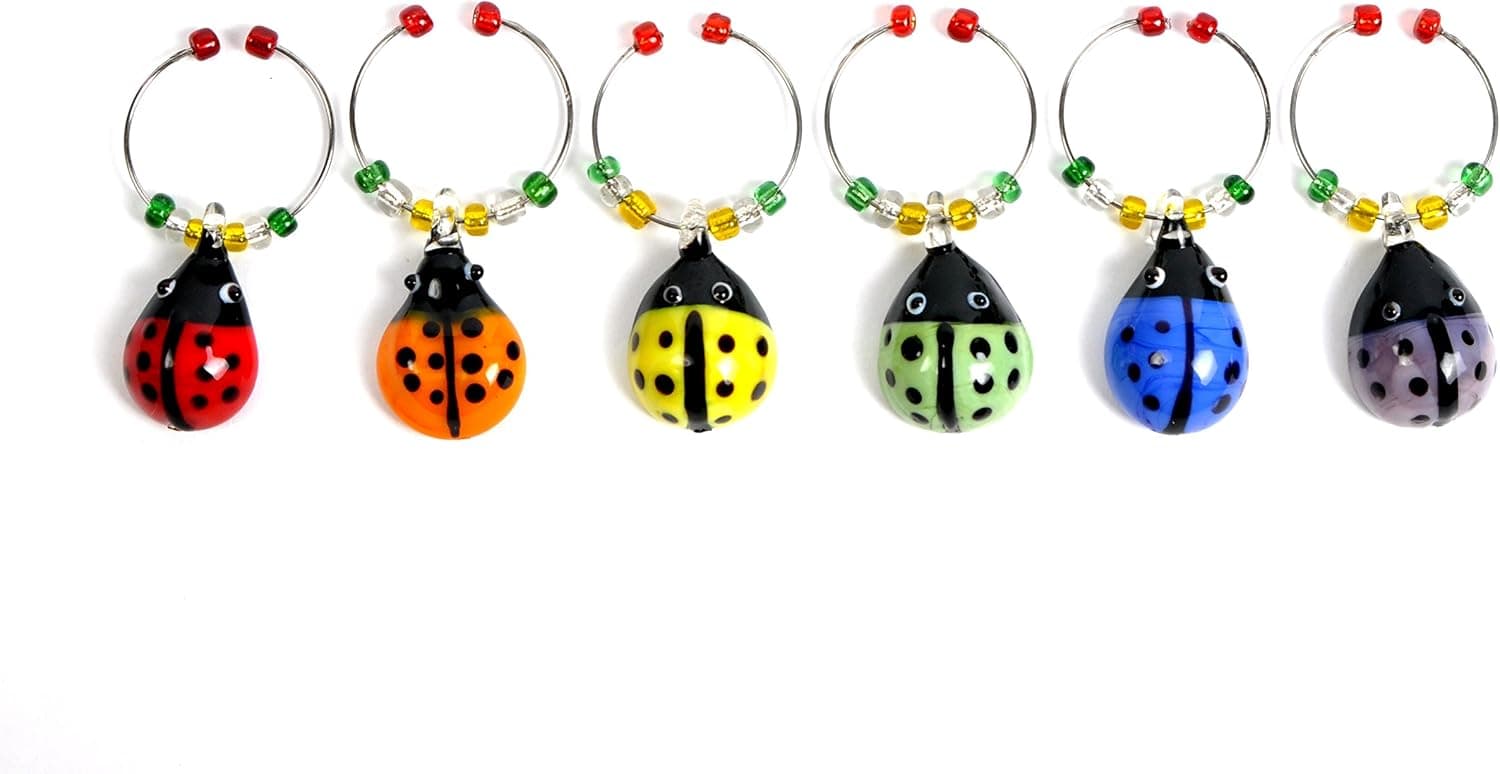 Cork & Leaf Ladybugs Wine Charms, Drink Markers, Set of 6 Wine Charms,Wine Glass Tags, Wine Drinker Gifts, Housewarming Gifts, Cocktail Drink Markers. Multicolor