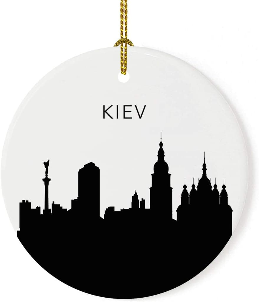 Andaz Press Tourist Travel Souvenir Round Porcelain Ceramic Keepsake Christmas Ornament Gift, Kiev Skyline, 1-Pack, Christmas Birthday Study Abroad Graduation, Includes Gift Box and Ribbon