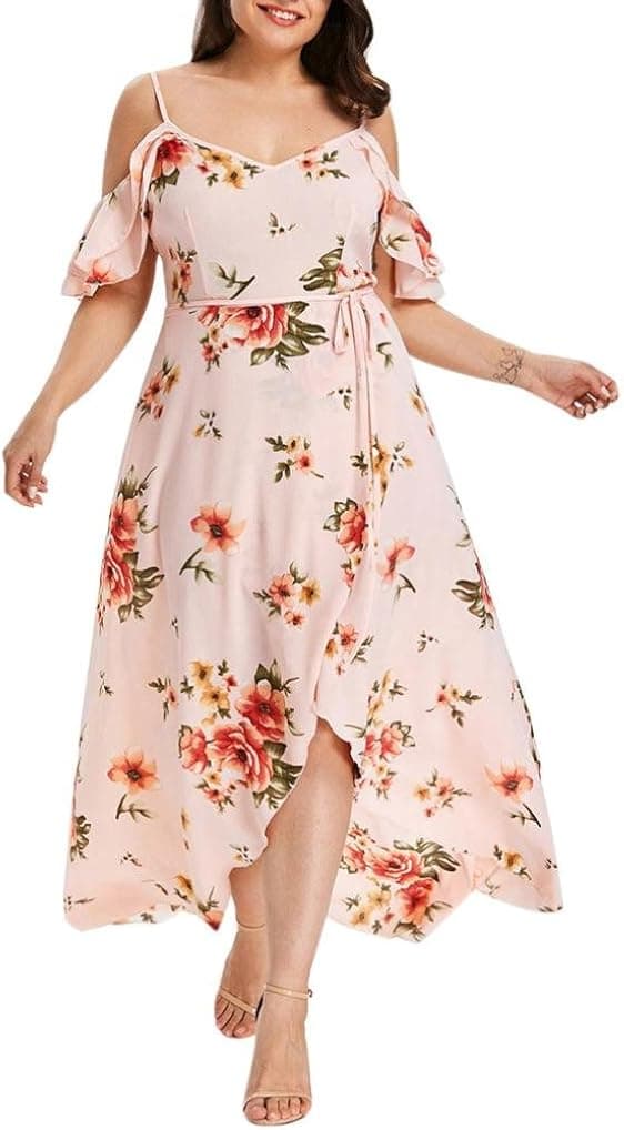 Leewos 2021 New! Summer Plus Size Dresses,Women Casual Floral Pattern Off Shoulder V Neck Bandage Irregular Slit Long Dress