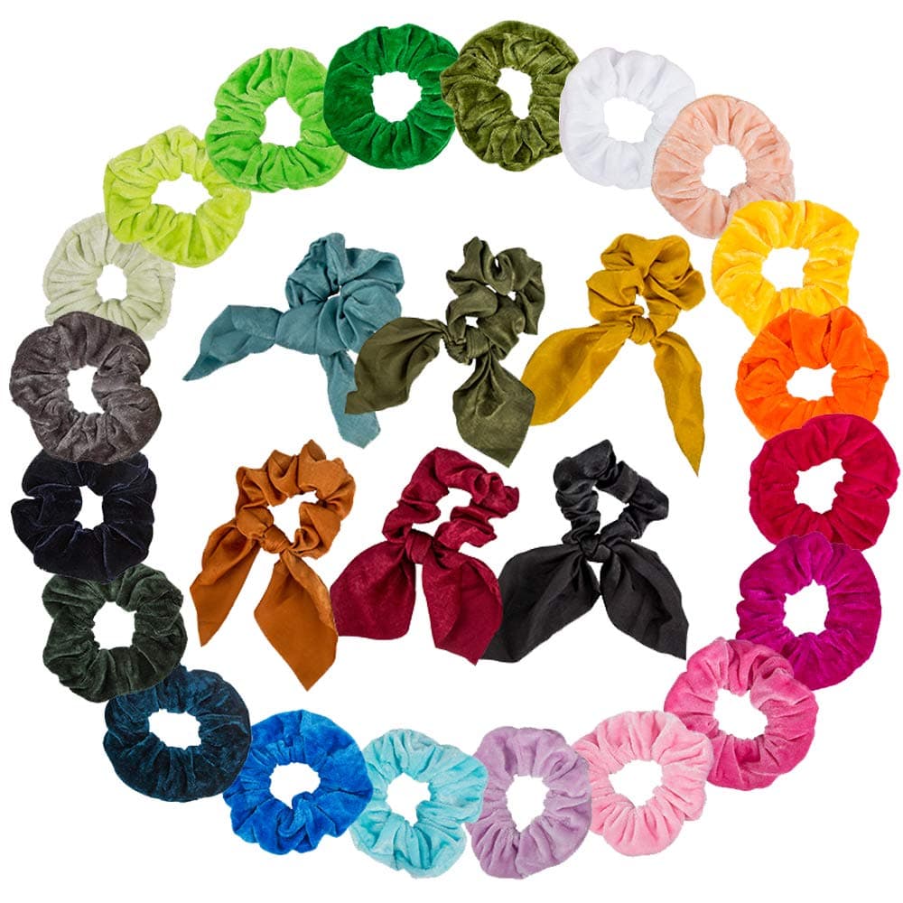 26 PCS Assorted Colors Hair Elastic Hair Bands, findTop 20 Colors of Velvet Elastic Hair Bands, 6 Colors of Chiffon Hair Scrunchies Chiffon Ponytail Hair Ties, Perfect for Women and Girls
