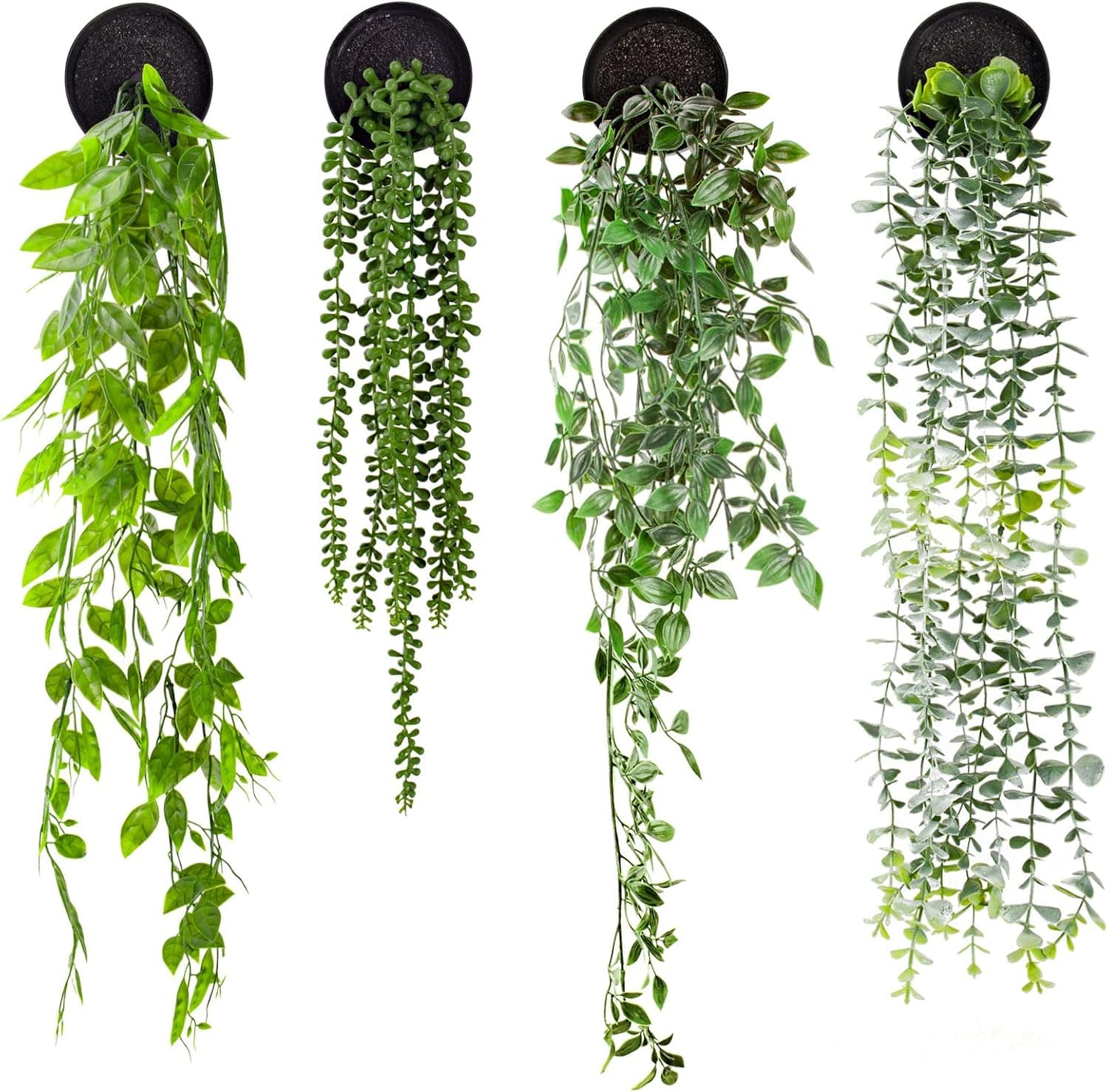 Artificial Hanging Plants 4 PCS Fake Hanging Potted Mandala, Eucalyptus Vine, String of Pearls, Pea Pod Leaves for Home Room Wall Shelf Patio Garden Outdoor Indoor Plastic Green Décor with Pot
