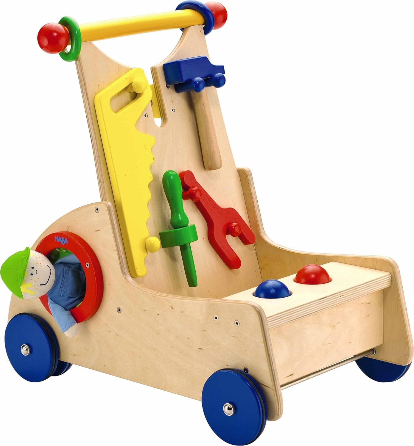 HABA Walk Along Tool Cart - Wooden Activity Push Toy for Ages 10 Months & Up