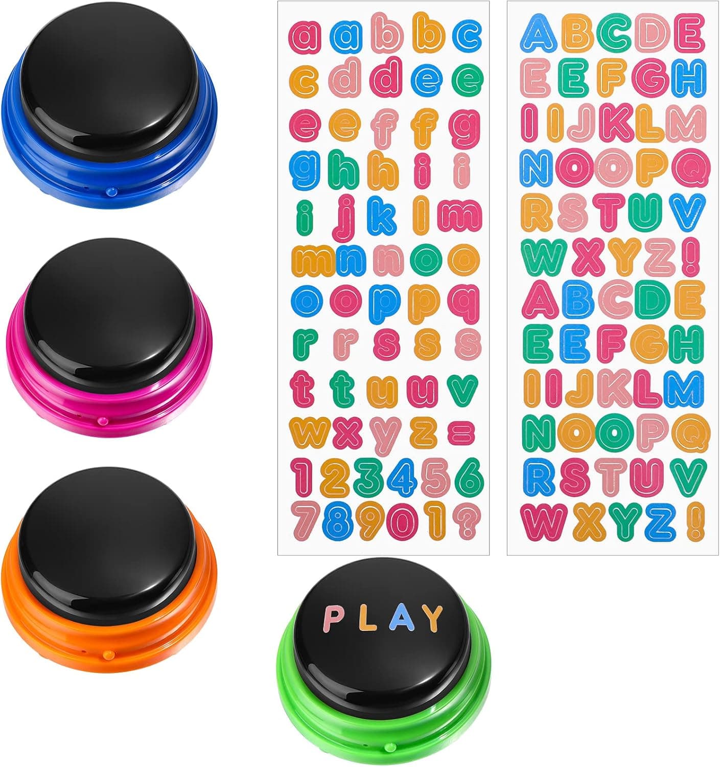 10 Pcs Recordable Answer Buzzers Kit Includes 4 Pcs Colored Buzzers Game Show Buzzers 6 Sheets Letter Stickers Alphabet Stickers for Family Game and Trivia Nights, Dog Buttons for Communications