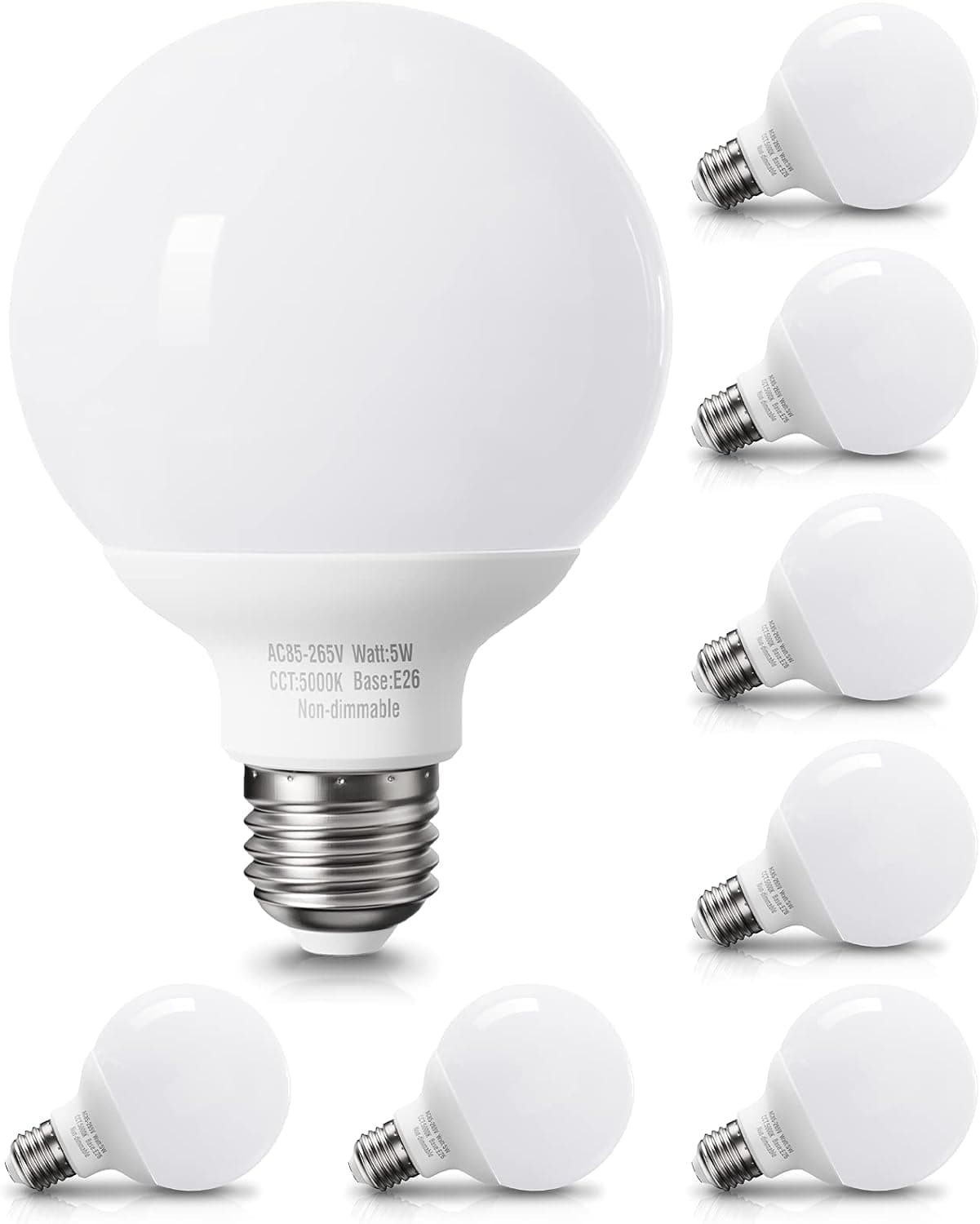 8 Pack Daylight LED Globe Light Bulbs for Bathroom, 120V 60 Watt Eqv, E26 Medium Base, Non-Dimmable Vanity Light Bulbs Round, 5000K Bright G25 LED Bulb Over Mirror