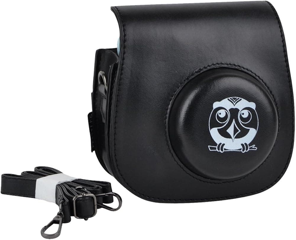 PessyLee Cute Patterned Mini 8 PU Leather Camera Case w/ a Matching Removable Single Shoulder Strap - Black (Owl)