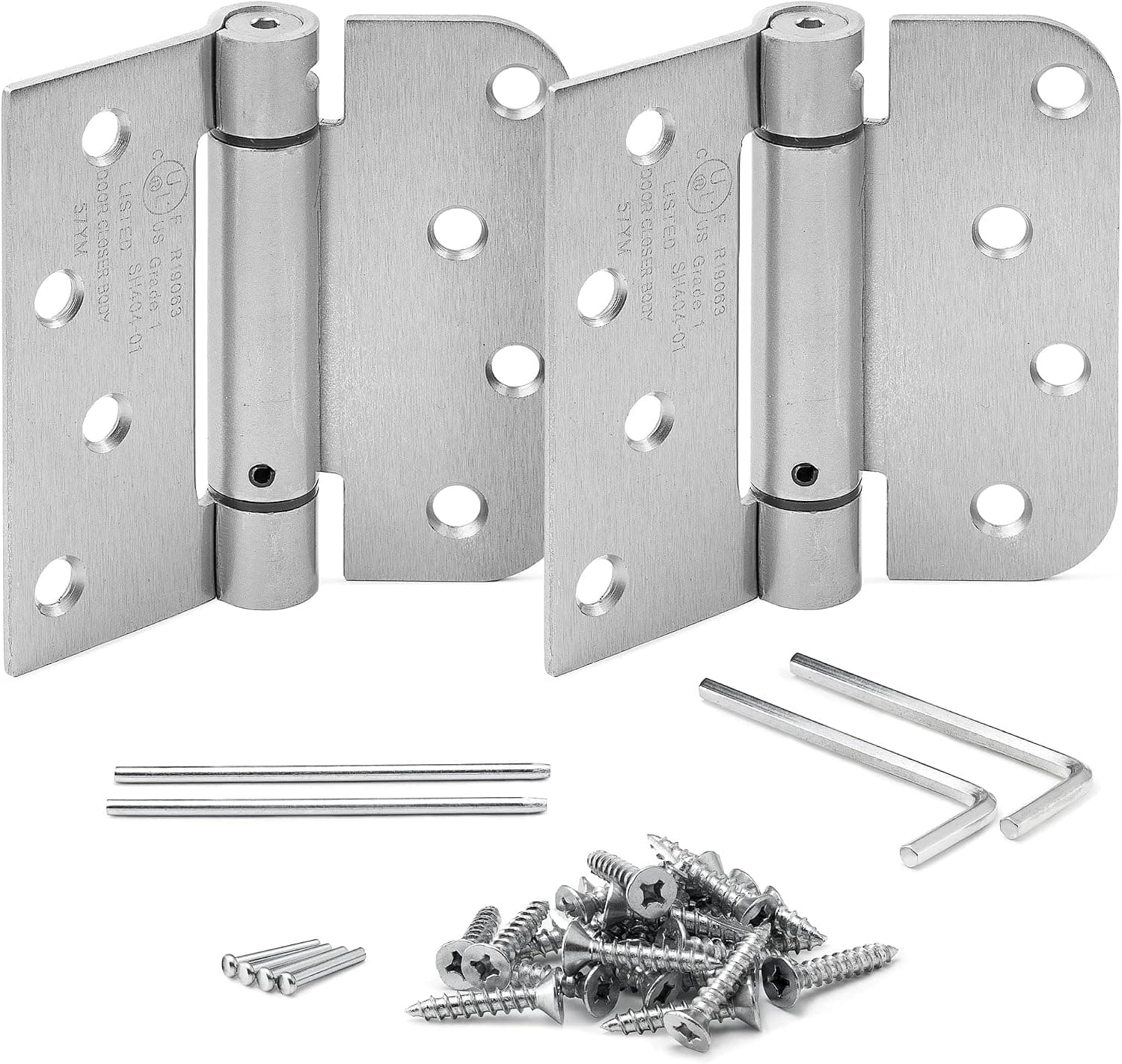 New KS Hardware Self Closing Spring Hinge | Automatic Door Hinges with Complete Installation Hardware | 4" X 4" with 1 Square & 5/8" Radius Corners | 2 Pack (Satin Nickel)