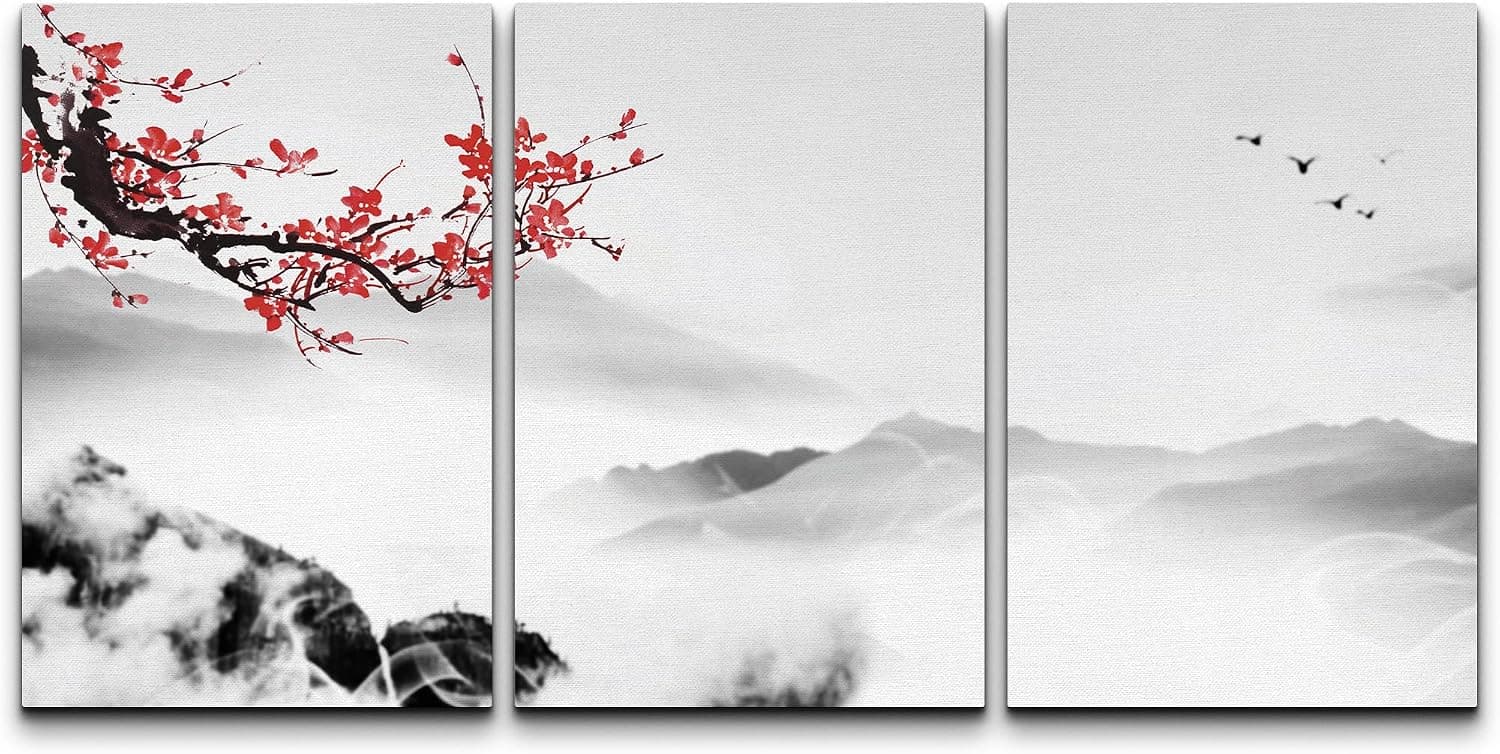 wall26 Canvas Print Wall Art Set Red Cherry Blossoms Over Misty Mountain Range Nature Wilderness Illustrations Modern Art Cultural Relax/Calm for Living Room, Bedroom, Office - 24"x36"x3 Panels