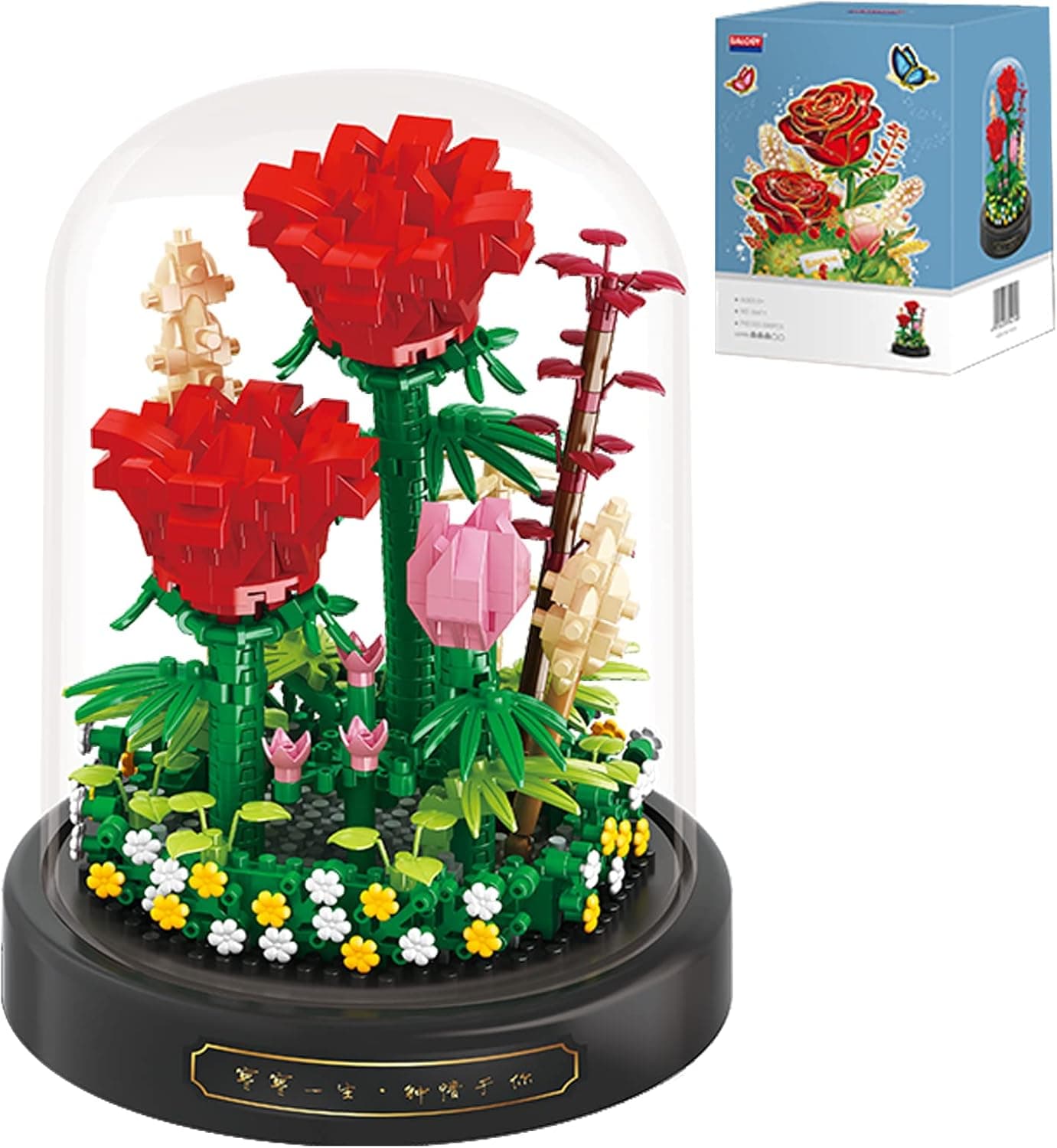 OLTLYUNH Roses Flower Bouquet Set,Mini Bricks Botanical Collection Flowers Building Blocks,Assembly Bonsai Tree Friends Sets, Valentine's Anniversaries Birthday Gift for Women Friends Adults