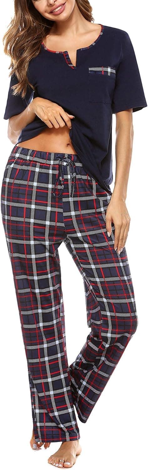 Women's Pajamas Set V-Neck Cotton Short Sleeve Sleepwear Long Pants Plaid Nightwear Soft Pjs Lounge Sets with Pockets S-XXL