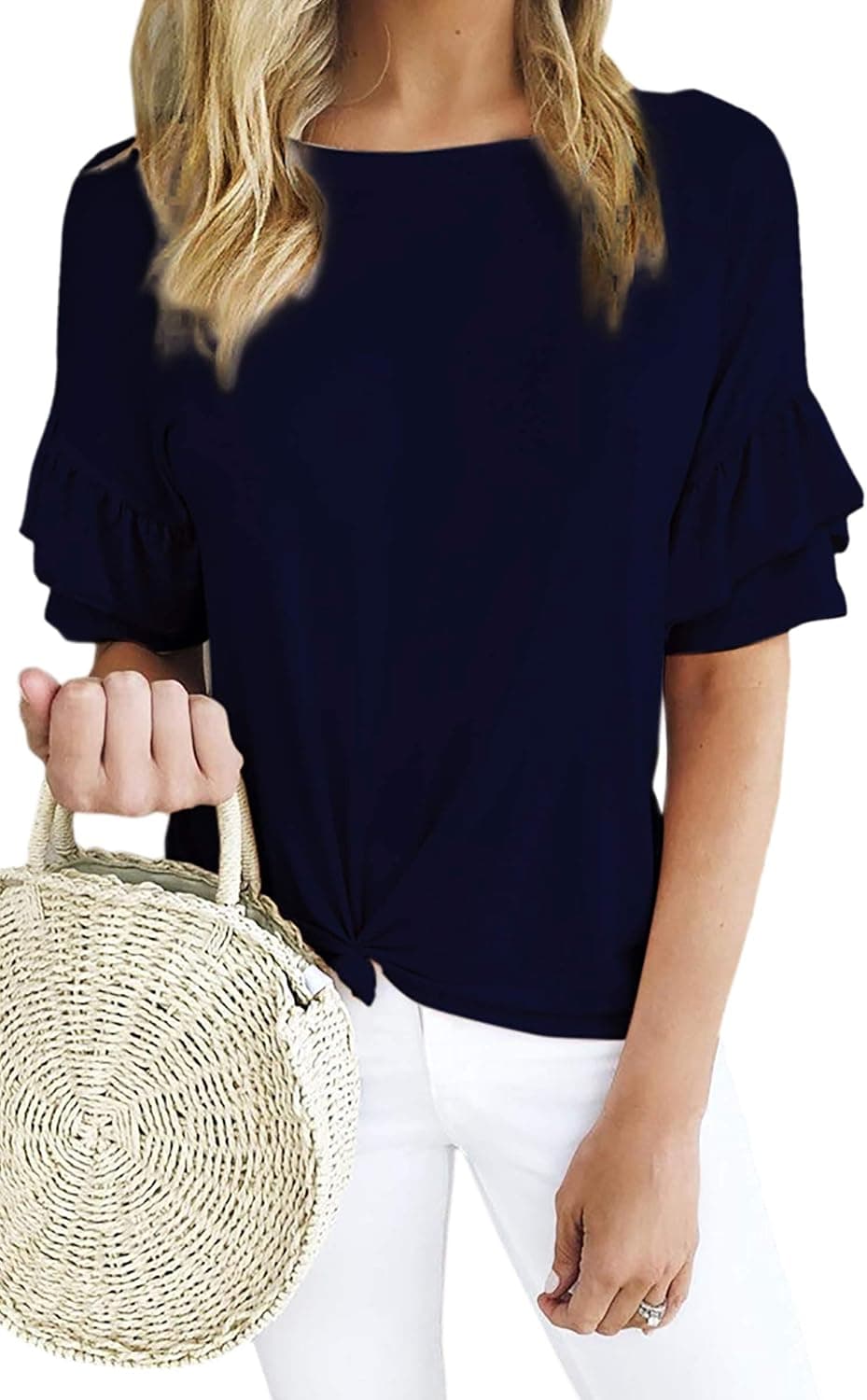 ECOWISH Women's Casual Ruffles Short Sleeve Solid Tie Knot Front Loose Fit T Shirt Blouses Tops