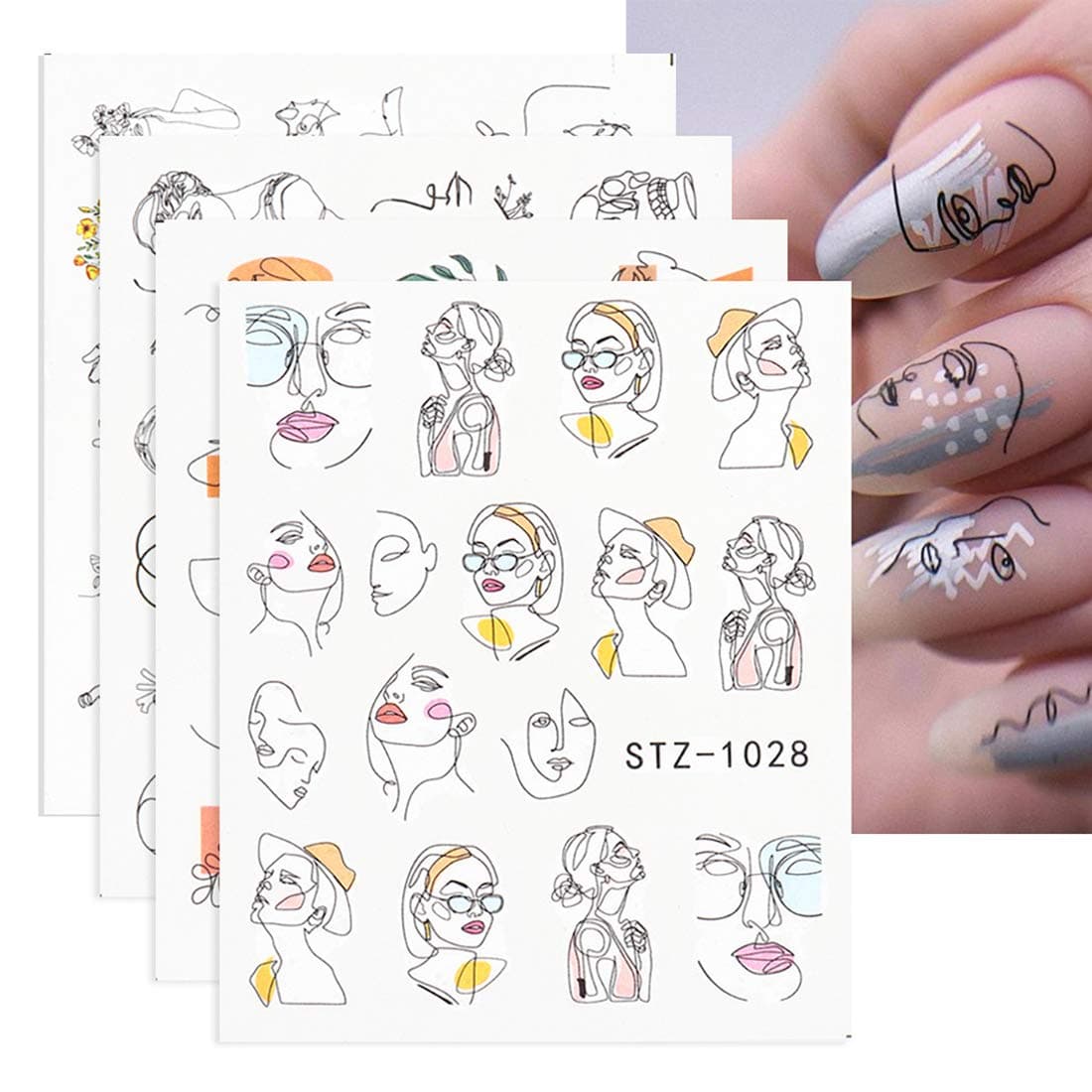 Nail Water Stickers Decals Foil Tattoo Nail Art Supplies 16 Pcs Abstract Image Snake Flower Leaf Black Line Face Animals Charms Butterfly Skull Design for Manicure Nail Art Watermark Decorations