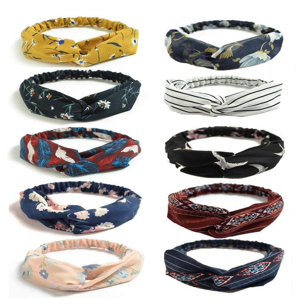 Joan Nunu 10 Packs Boho Headbands for Women Vintage Floral Print Headwrap Hair Band Sports Elastic Head Wrap Twisted Cute Hair Accessories