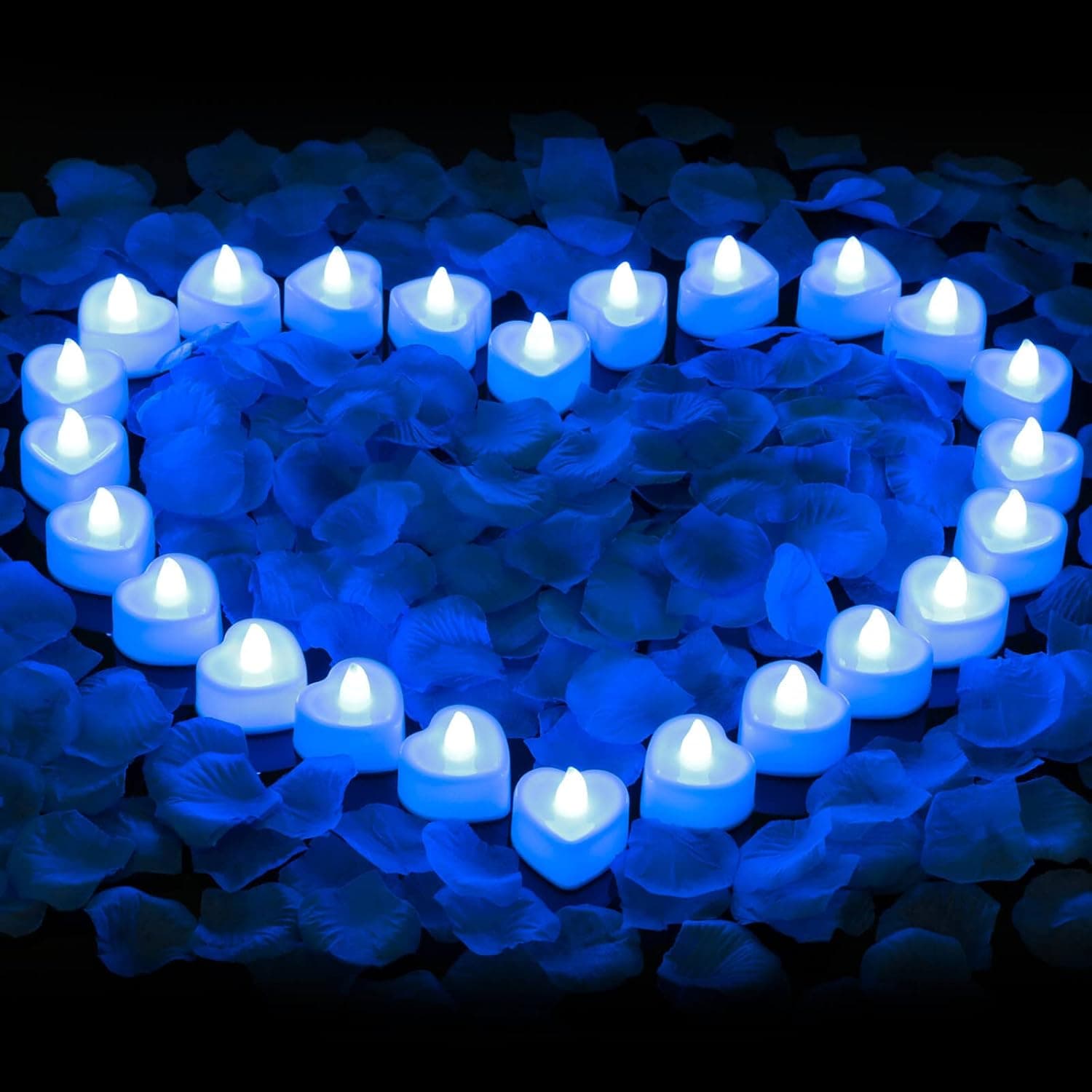 cridoz Blue Rose Petals for Romantic Night for him Set, 2000 Pieces Artificial Rose Petals with 24 Pieces Blue Flameless LED Candles for Decoration Wedding Party Valentine's Day(Blue)