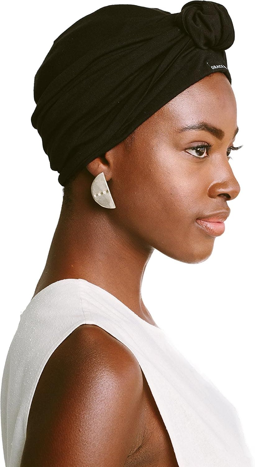 Grace Eleyae GE Knotted Turban - Satin Lined Hair Care Black Turban for Women [Day & Night] Head Cover for Curly Hair Soft & Smooth Headwear