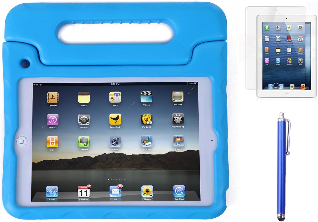 HDE iPad Mini Kids Case Bundle Shock Proof Handle Stand Cover - Touch Screen Stylus and Screen Protector for Apple iPad Mini 2/3 Retina (Quilted Blue)