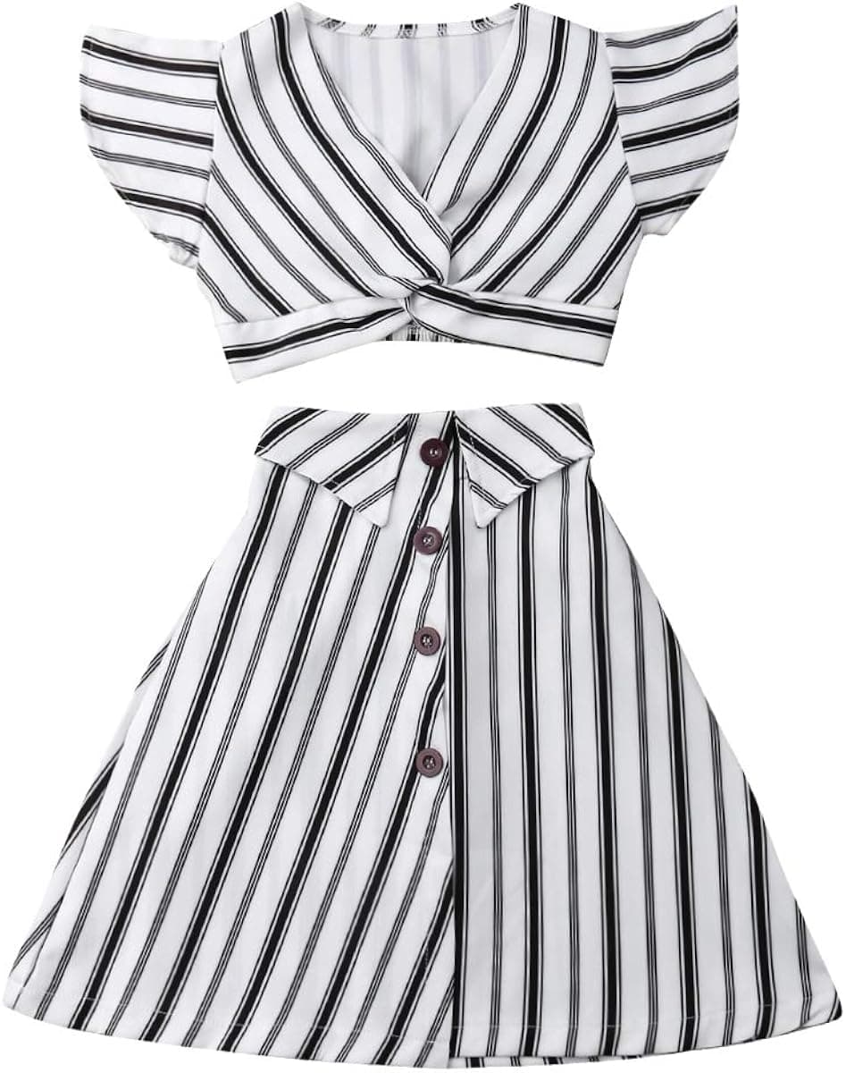 Muasaaluxi Toddler Baby Kid Girls Short Sleeve Striped T-Shirt Crop Top + A-line Skirt Dress Summer Outfits