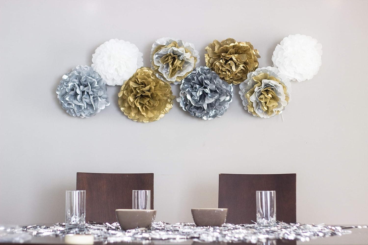 Paper Flowers Decoration Set, Unique Metallic Tissue Golden Silver and White colors Mexican flowers Ideal for Cinco de Mayo, Holidays themed Pom Poms Party Supplies. 13" Set of 8
