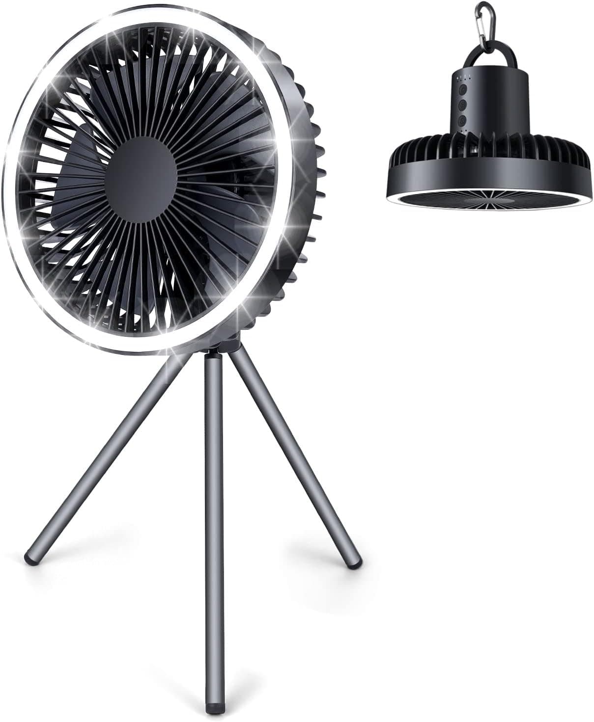 Odoland Portable Camping Fan with LED Lantern, 10000mAh Battery Operated USB Rechargeable Fan with Hanging Hook, 3 Lights Modes, 3 Speeds Quiet Ceiling Fan, Tent Fan with Tripod for Outdoor Emergency