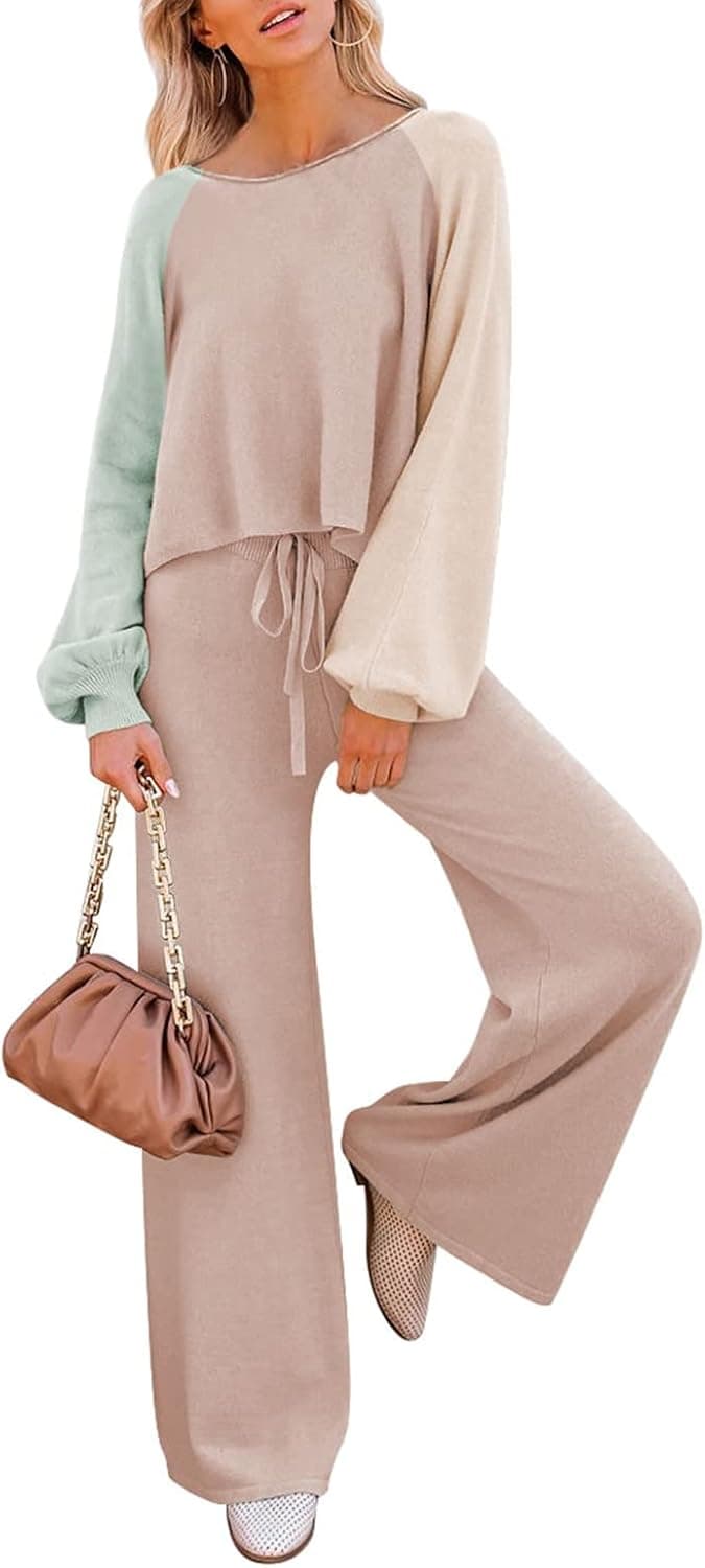 Meenew Women's 2 Piece Sweatsuits Long Sleeve Knit Sweater Wide Leg Pants Outfits Loungewear Set