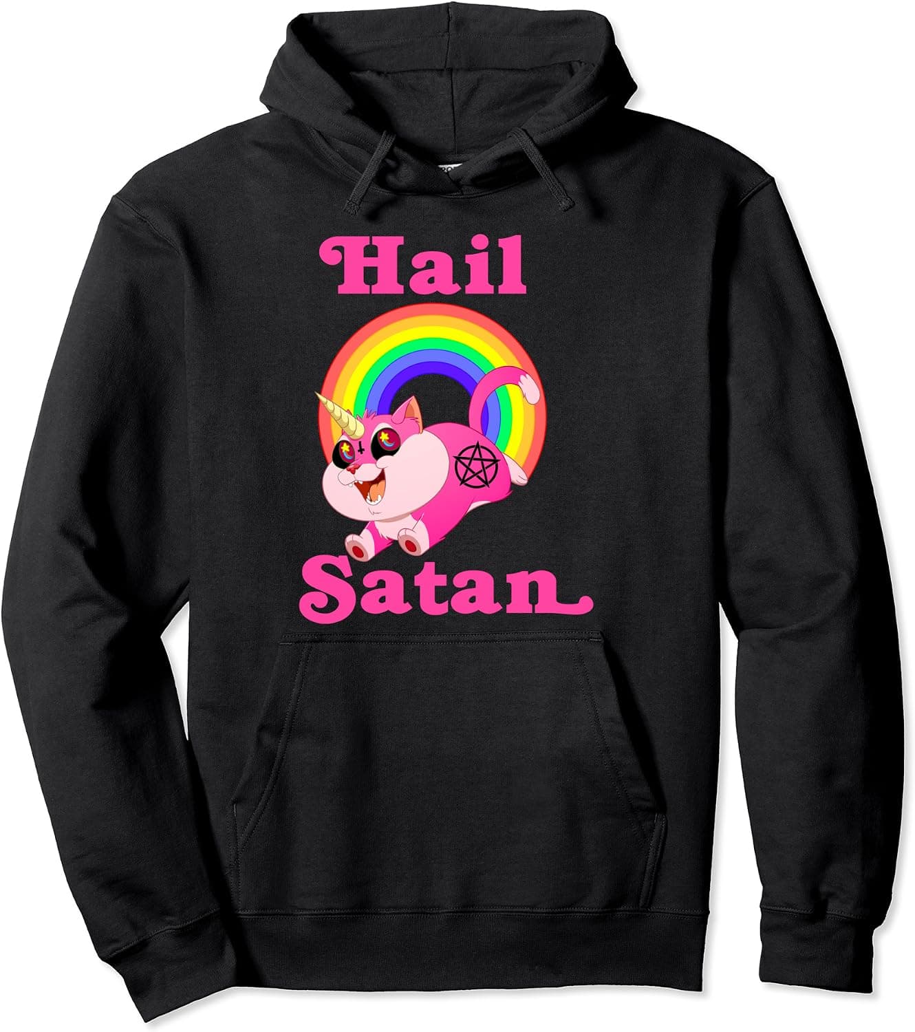Hail Satan Unicorn Cat Rainbow, Funny Death Metal Meme Pullover Hoodie