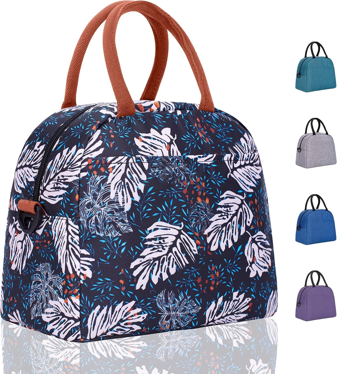 Elvira Insulated Tote Lunch Bag with Removable Adjustable Shoulder Strap for Women Water Resistant Reusable Cooler Lunch Box for Work School Picnic Hiking Beach-Leaf Blue-1