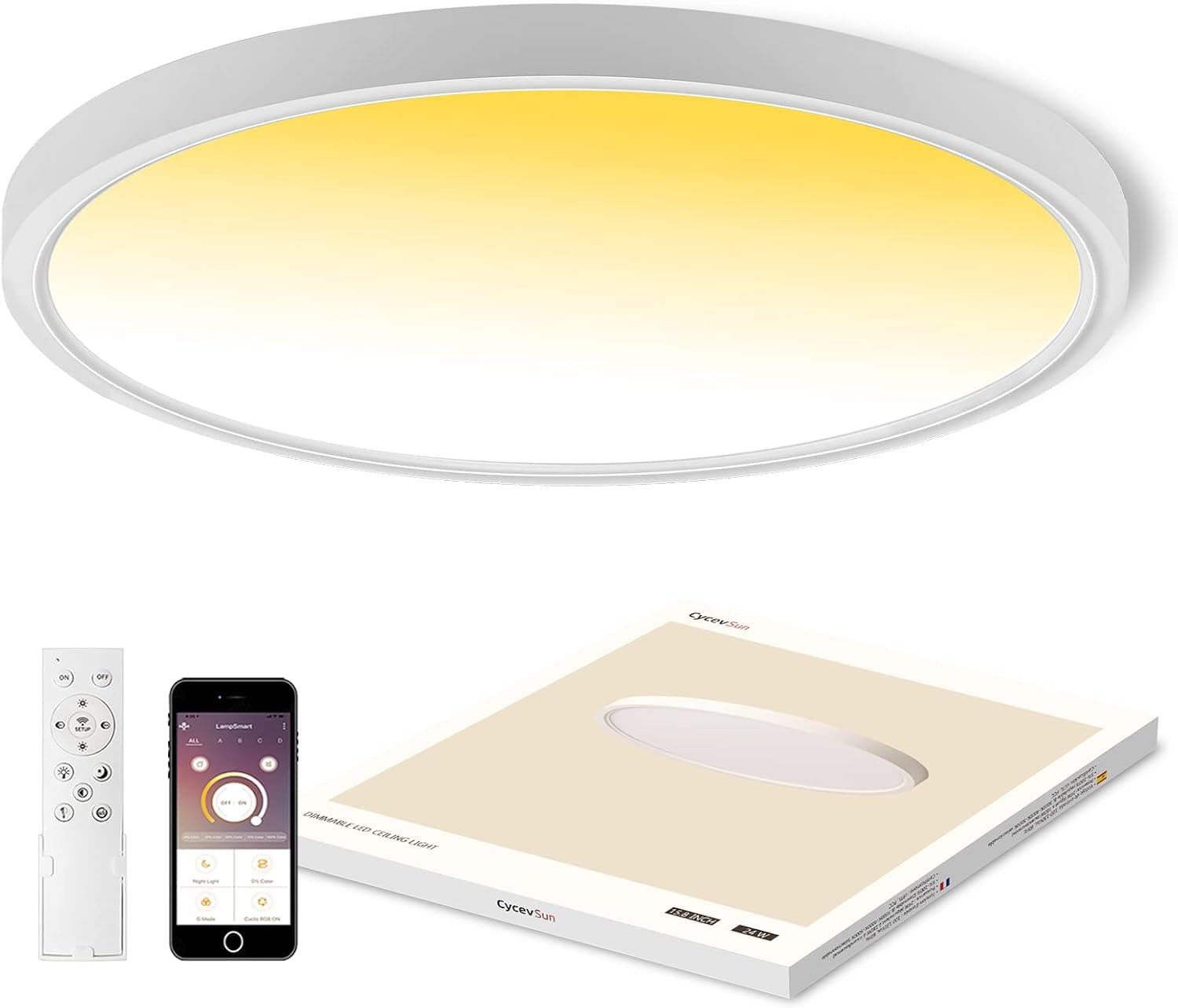 CycevSun Flush Mount Ceiling Light with Remote Control, 12 Inch 20W 120V, White