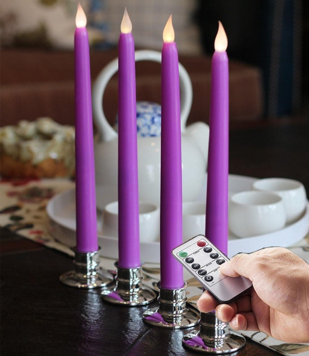 Set of 4 Smooth Purple 11" Realistic Flameless Wax Vigil Taper Candles with Silver Candleholders -Warm White Bright LEDs