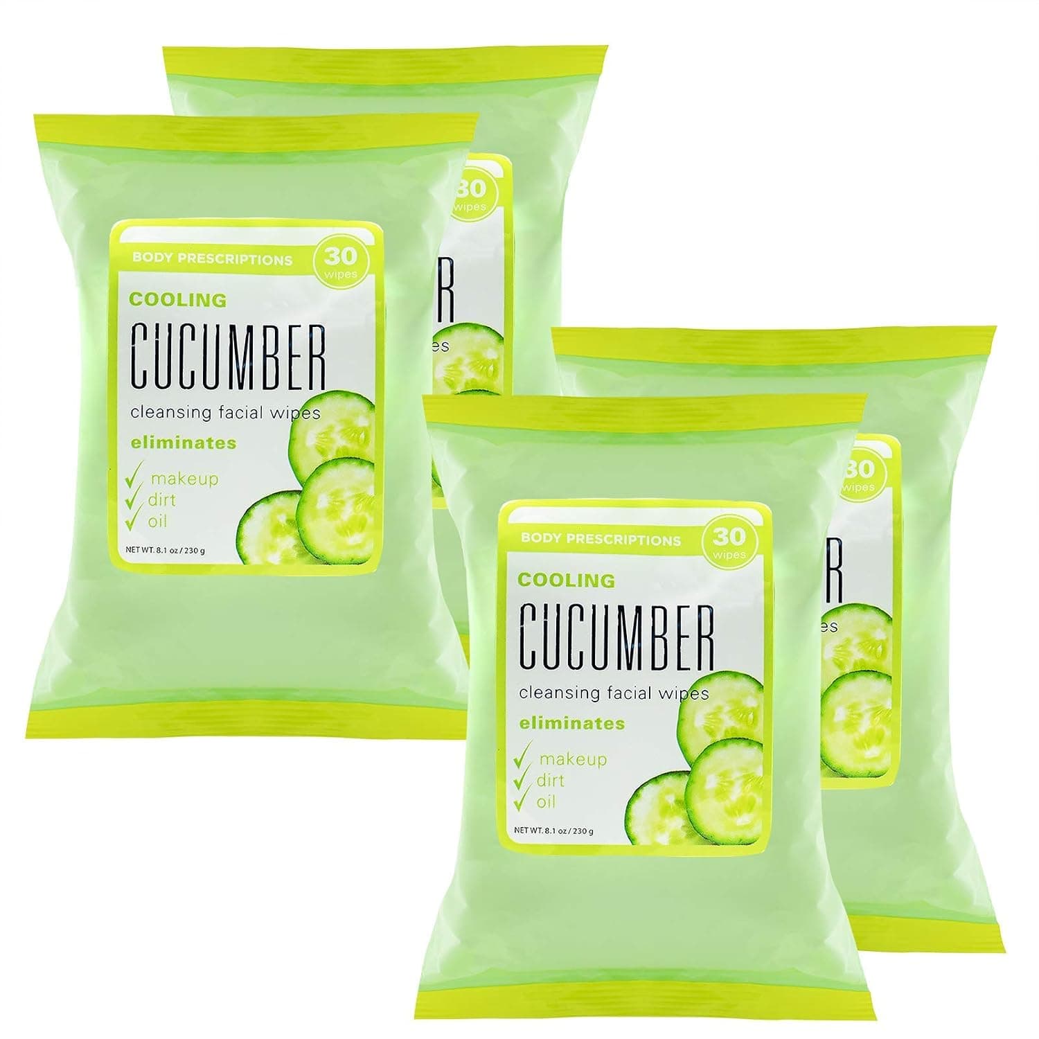 Body Prescriptions Face Wipes & Makeup Remover Wipes - 4 Pack (30 Count Each) of Gentle Facial Towelettes – (Cooling Cucumber)