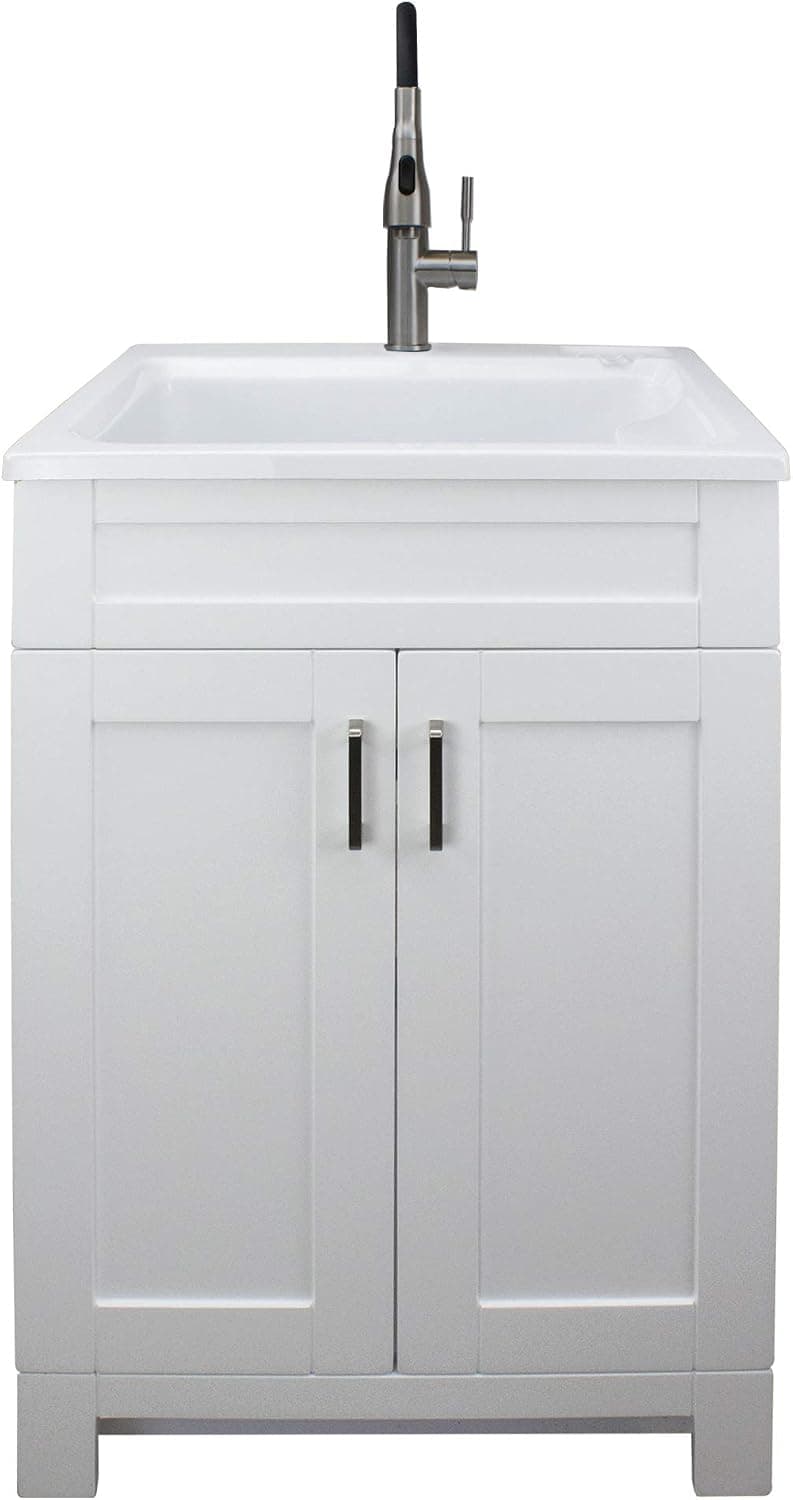 Transolid TCAS-2522-WC 25-in Laundry Cabinet with Acrylic Sink, Stainless Steel High Arc Faucet, White
