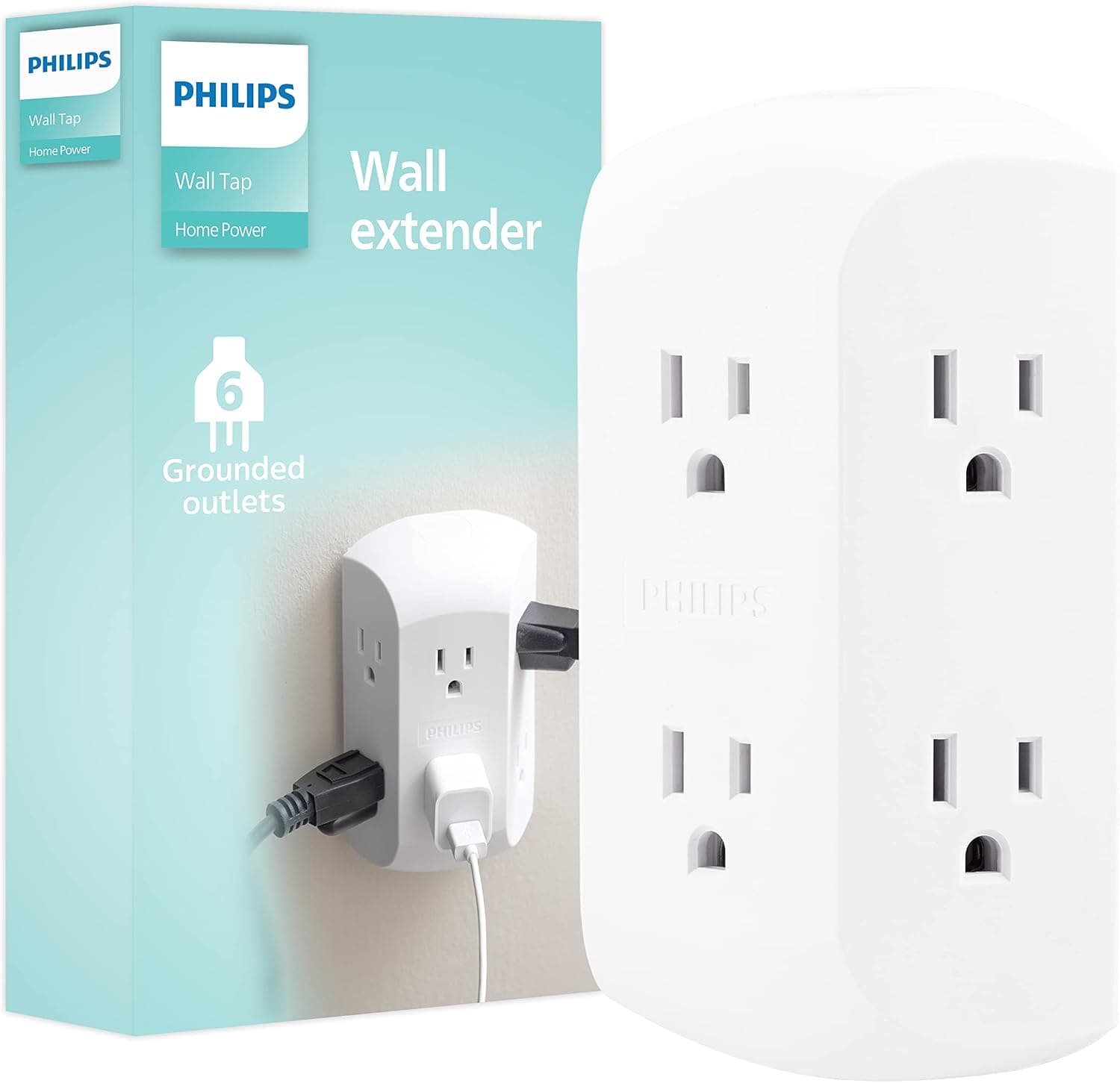 Philips Accessories 6-Outlet Extender, Grounded Wall Tap, 3-Prong, Adapter Spaced Outlets, Side Access, Quick and Easy Install, White, SPS1740WA/37