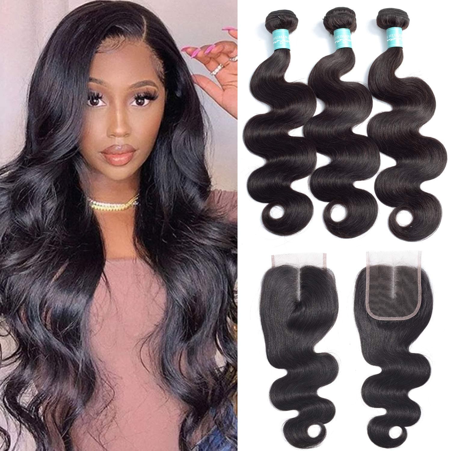Body Wave Human Hair Bundles with Closure (14 16 18+12) 100% Unprocessed Peruvian Virgin Hair Body Wave 3 Bundles with Middle Part Lace Closure Natural Color Human Hair Weave Extensions