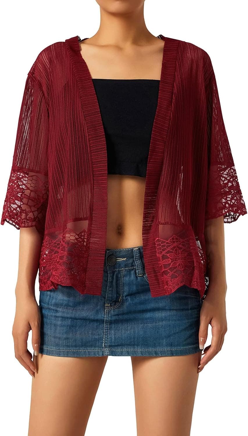 2022Women's Open Front Shrug, Short Lace Patchwork Sleeve Solid Color Sheer Bolero Cover Up