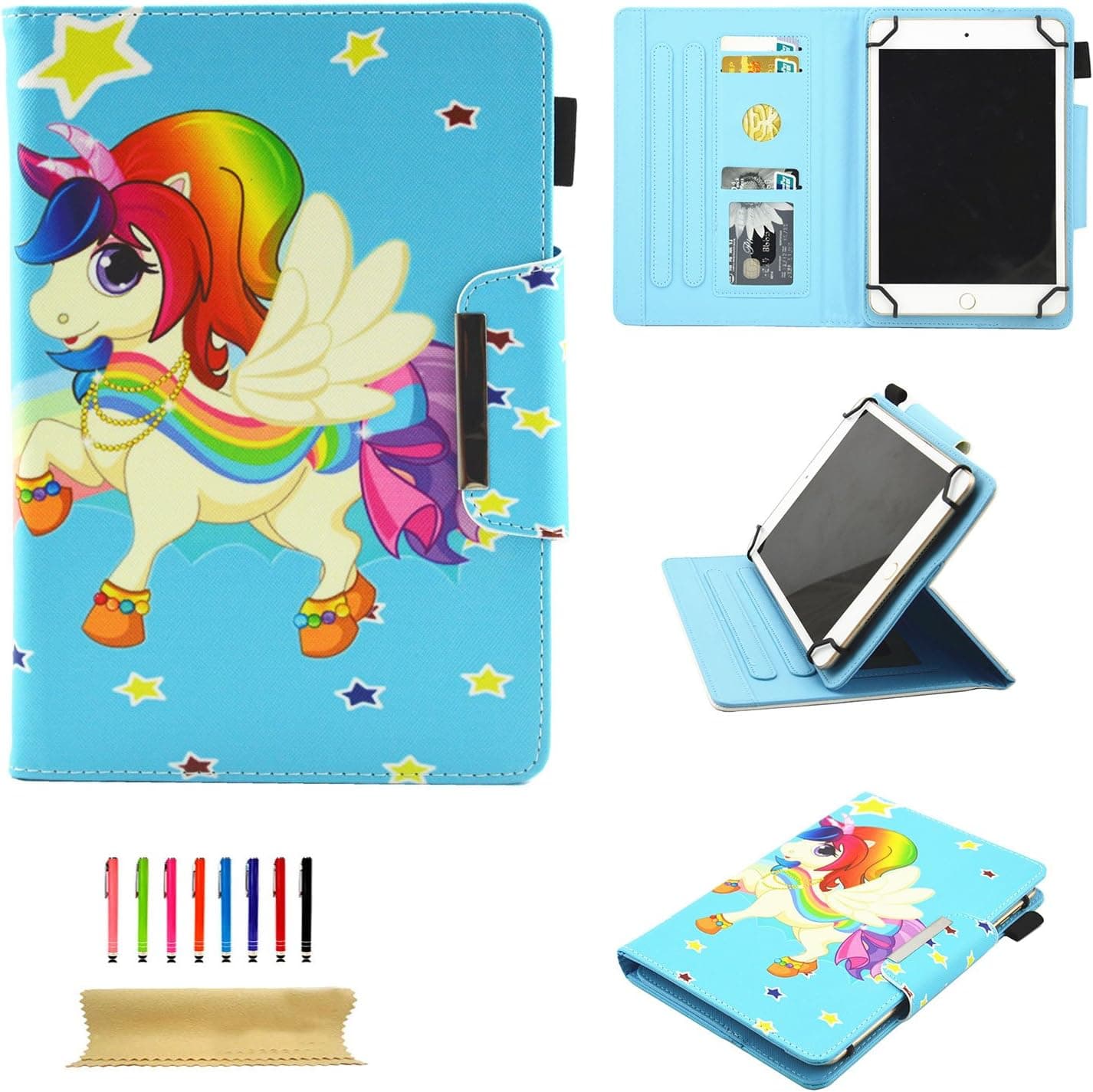 Uliking Universal Case for 7-8 inch Tablet, PU Leather Folio Wallet with Stand [Stylus Holder] Card Slots Magnet Cover for All 7.5"-8.5" Android iOS Tablet iPad,Mini,Galaxy Tab,ECT, Blue Star Horse