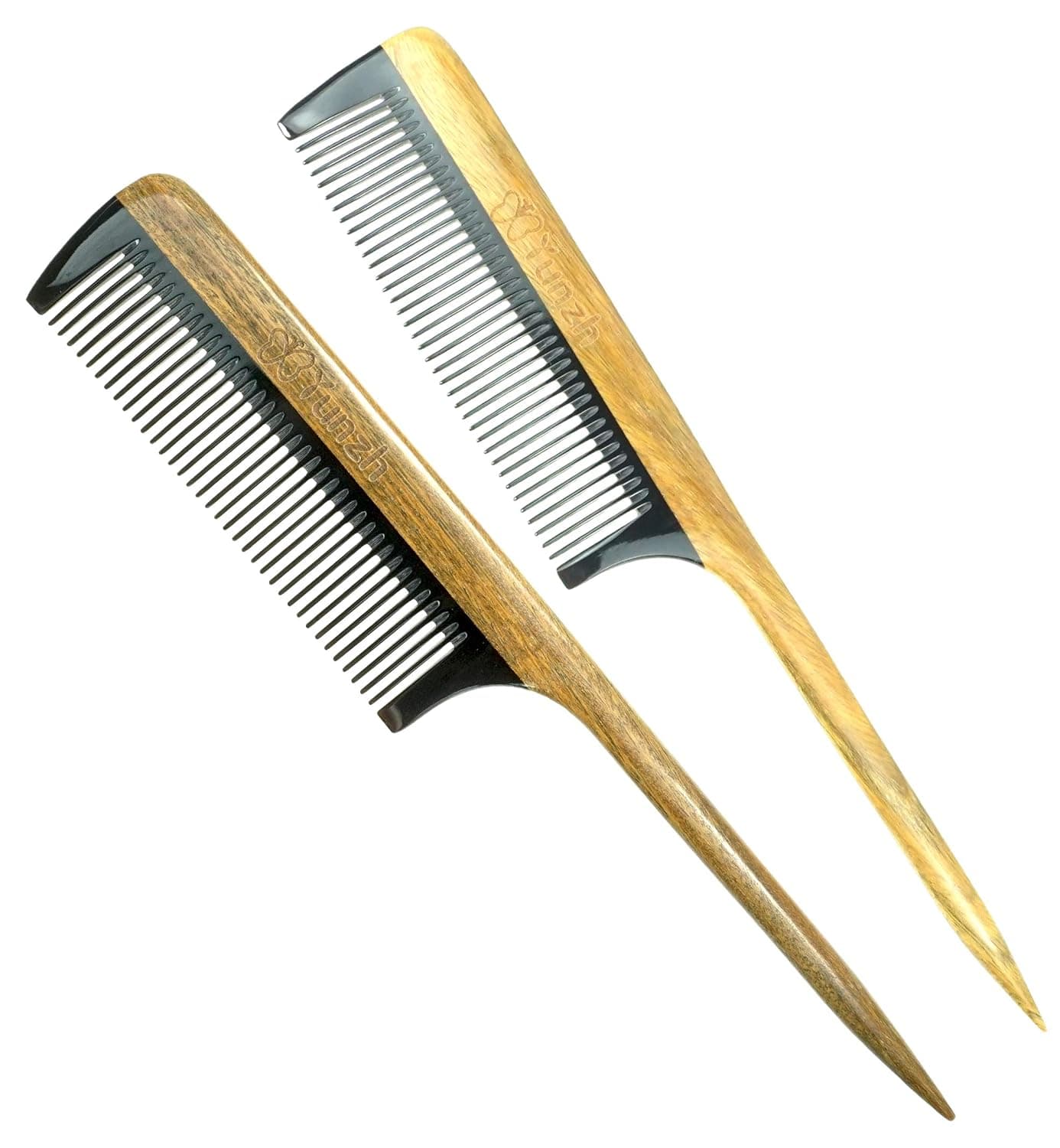 YunZh Rat Tail Comb,Natural Green Sandalwood Buffalo Ox Horn Fine Tooth Wooden Hair Combs for Women(2PCS)