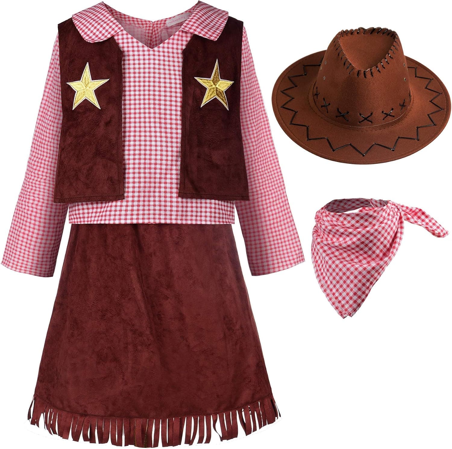 ReliBeauty Western Cowgirl Costume for Girls Funny Holiday Party Princess Dress Up Outfit for Kids Brown