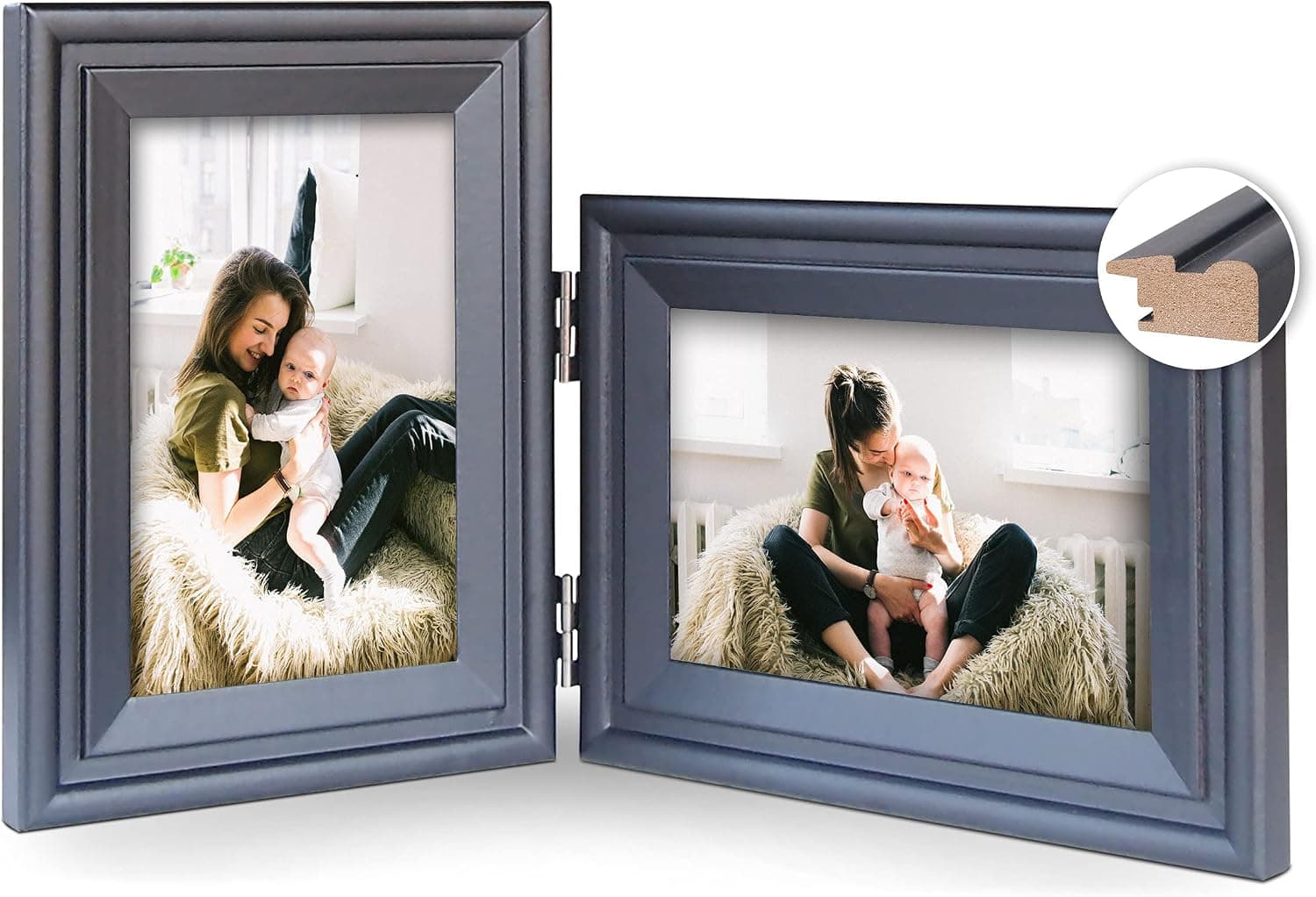 JD Concept Vertical Horizontal Combo, Double 4x6 Black Wood Folding Picture Frame, Opening 3.5x5.5, Desk-top or Wall Mounted, Portrait and Landscape View