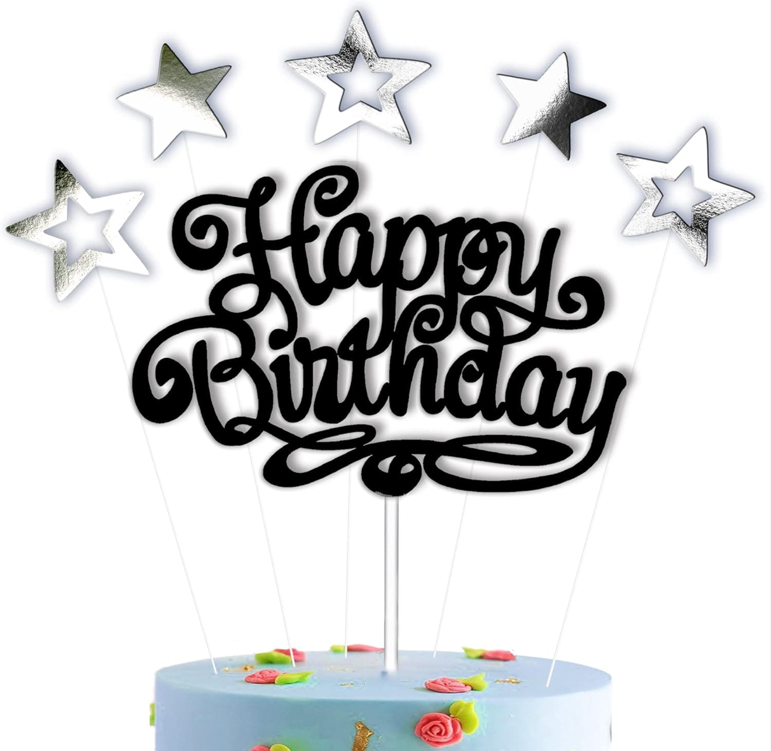 Black Happy Birthday Cake Topper with Silver Stars for Party Decorations Set Mirror Handmade Cake Topper