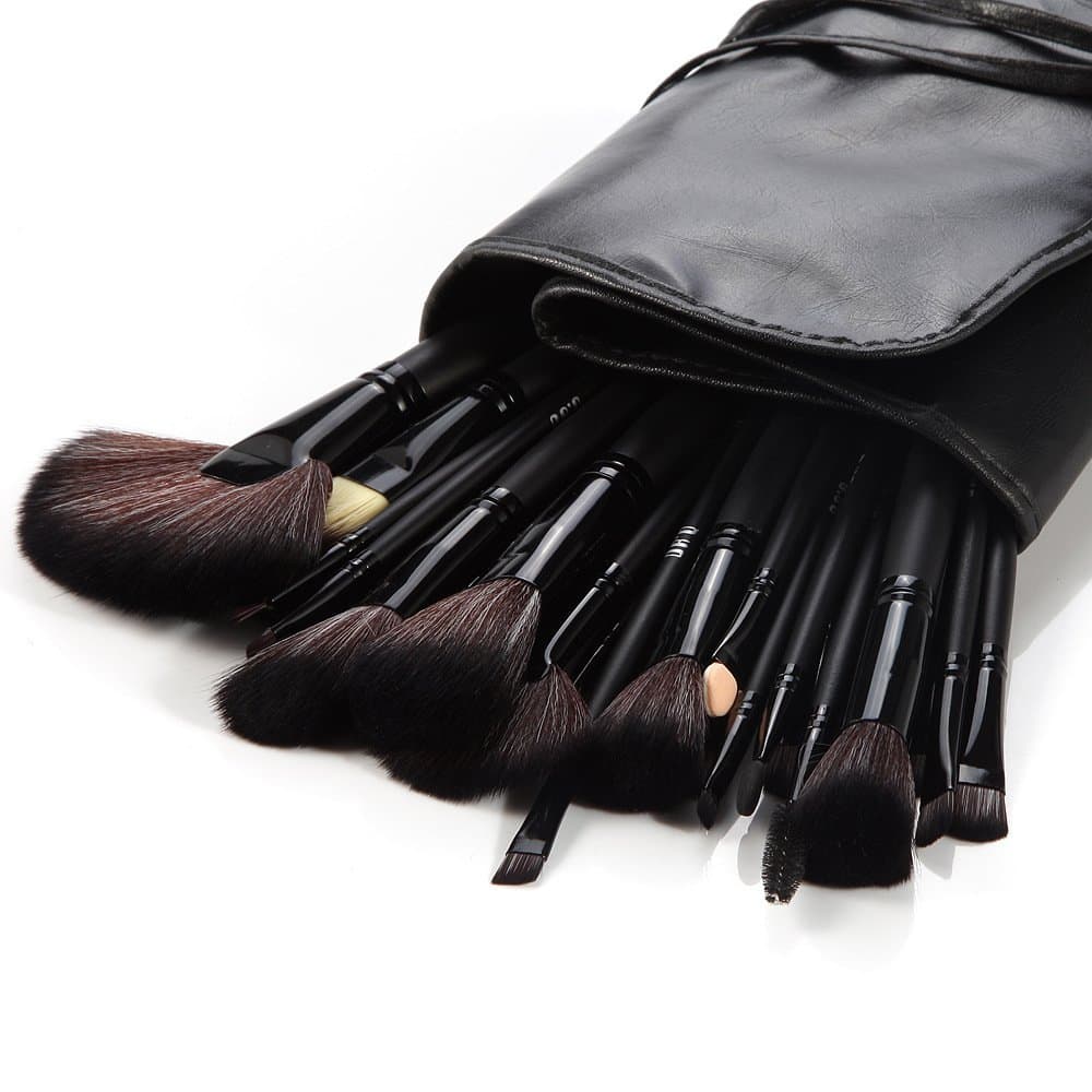 DRQ Makeup Brushes 32 Pcs Black Rod Super Professional Brush Set Kit with Black PU Leather Pouch,32 Count for For Eye Shadow, Blush, Concealer, Etc (Full Black)