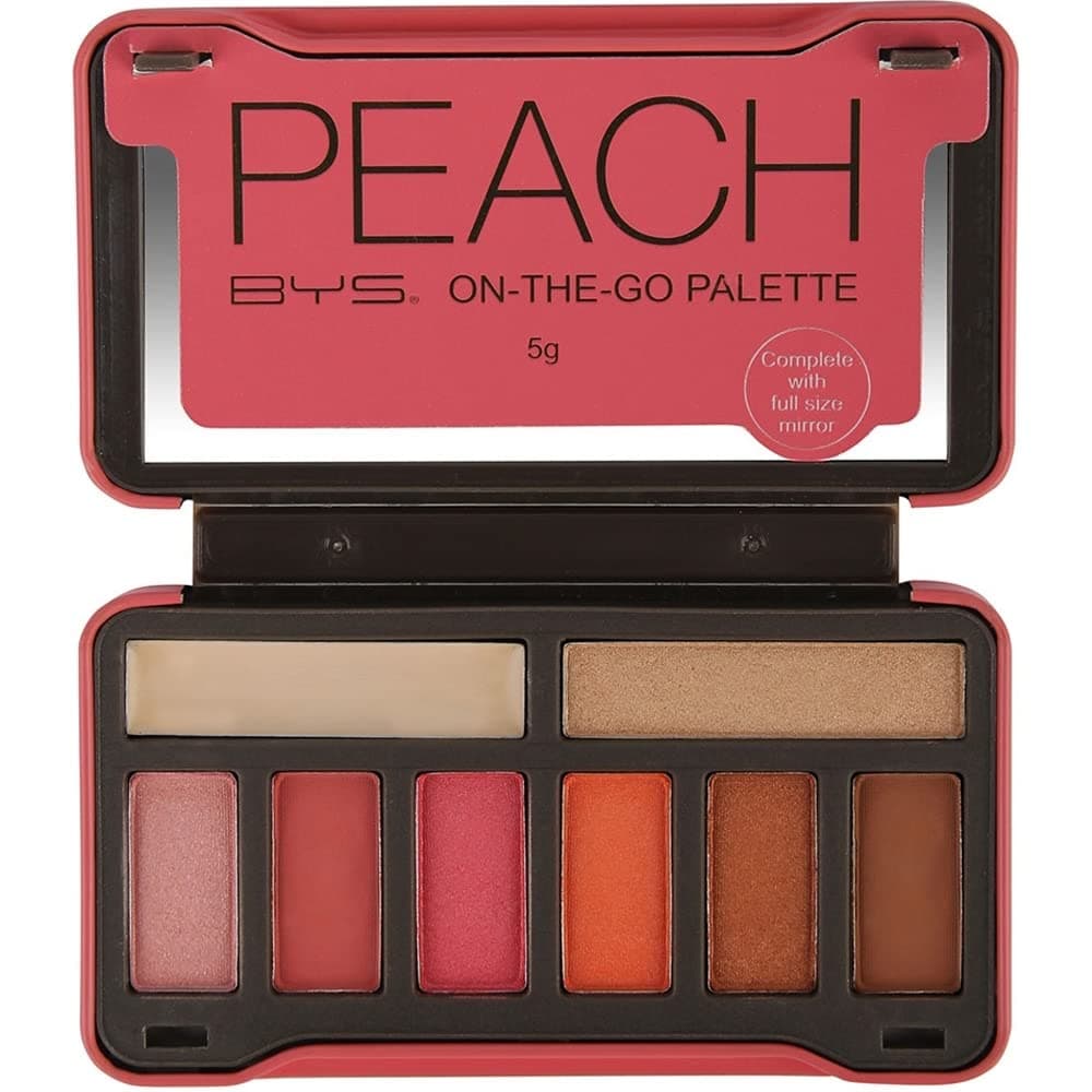 BYS On-The-Go Peach Eyeshadow Palette with Primer Highlighter and Mirror, 6 Eyeshadows, 1 Highlight, 1 Prime