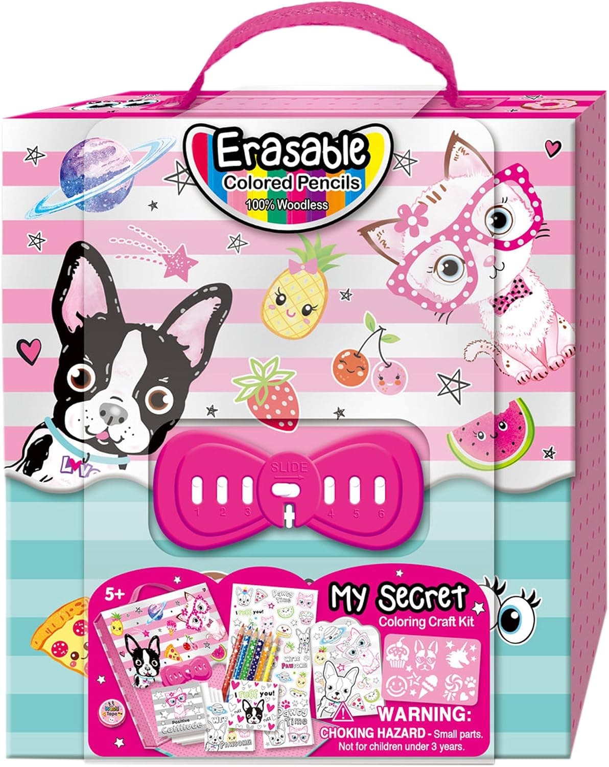 Kids Coloring Set - Travel Toys On The Go For Girls - Pet Theme Carrying Case with Passcode Lock, Erasable Coloring Pencils, Washi Tape, Blank Card Set, Stencil, Stickers, Booklet by Hot Focus