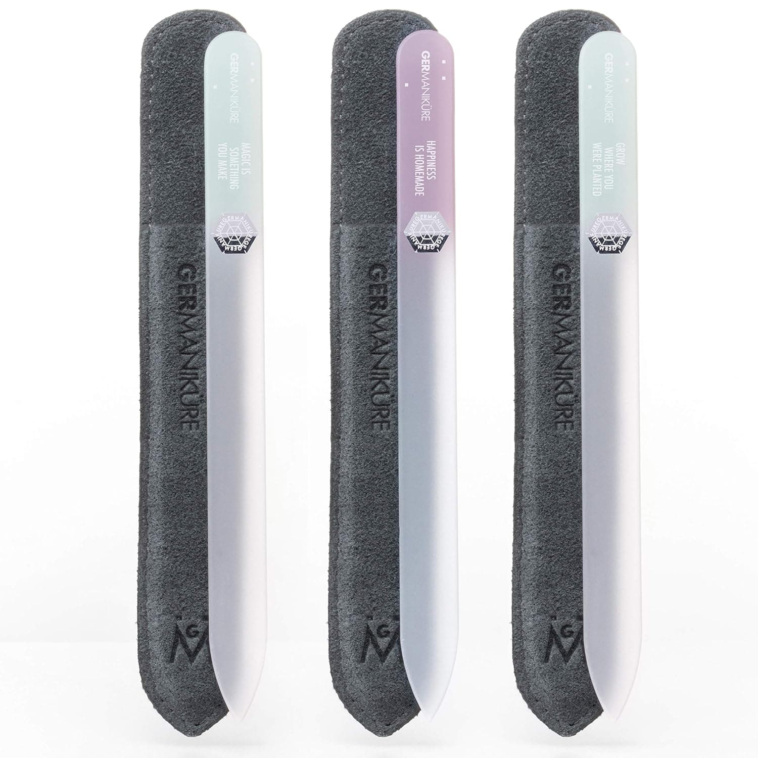 GERMANIKURE Czech Crystal Glass Nail File 3 Pack in Suede Leather Case - Professional Manicure & Pedicure Products for Smooth Easy Shaping of Natural Nails