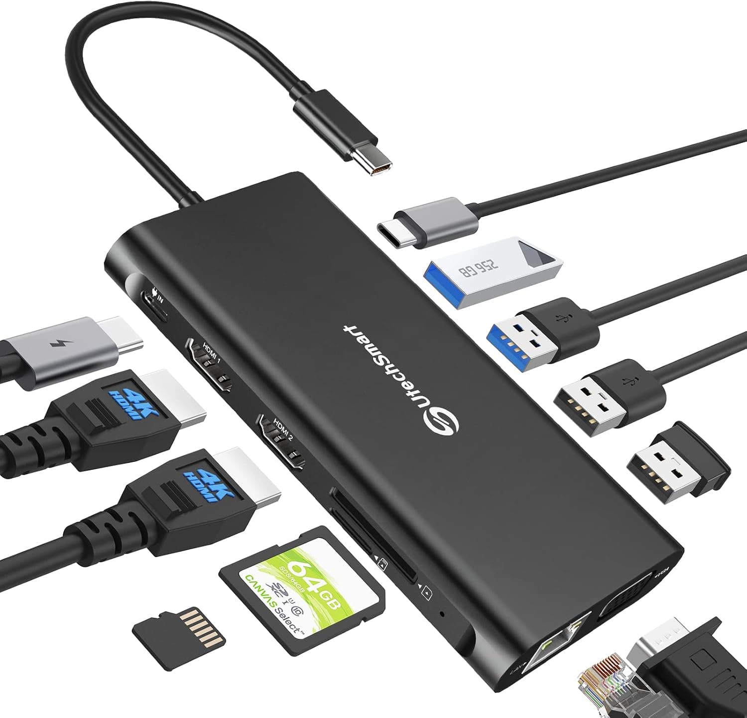 Docking Station, UtechSmart 12 in 1 Full Quadruple Display USB C Docking Station, USB C Hub Compatible for macOS&Windows,Thunderbolt 3 Dock(HDMI,VGA,PD3.0,USB-C,Ethernet,SD/TF Card Reader,USB Ports)