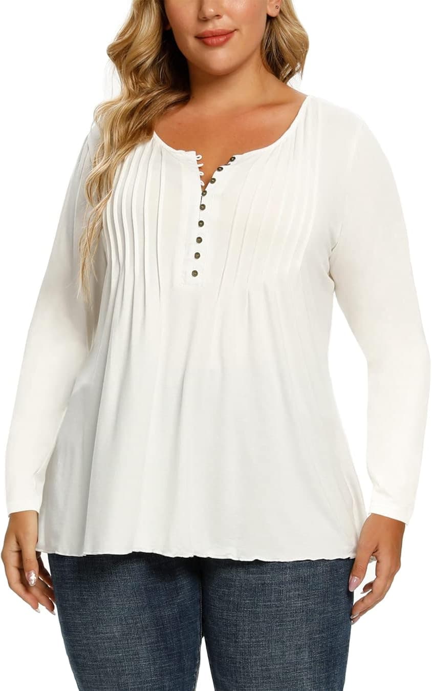 MISS MOLY Women's Plus Size 3/4 Bell Sleeves Lace Pleated Loose Henley Shirts Elegant Flowy Peasant Tops