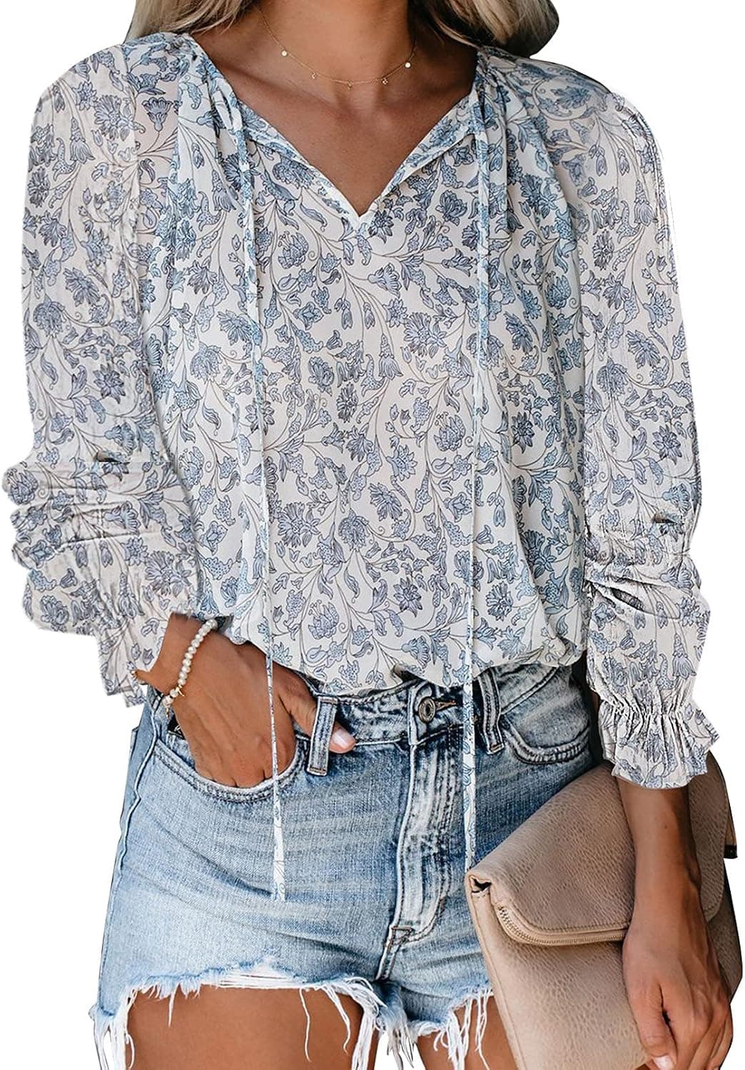 Happy Sailed Womens Boho Floral Print V Neck Tops Casual Long Sleeve Drawstring Blouses Shirts(S-XXL)