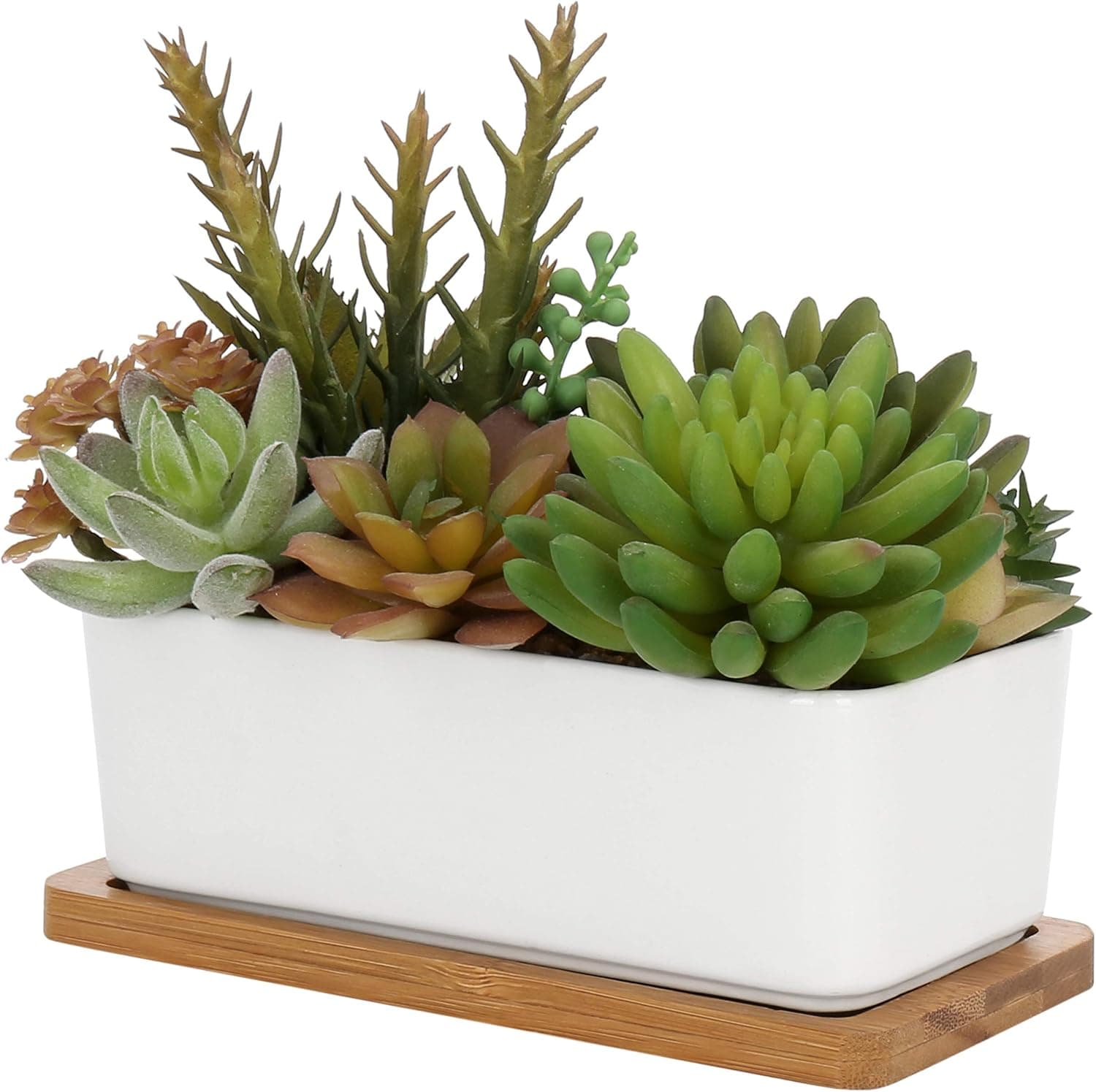 MyGift Mixed Faux Succulent Plant Arrangement in White Ceramic Pot with Bamboo Tray