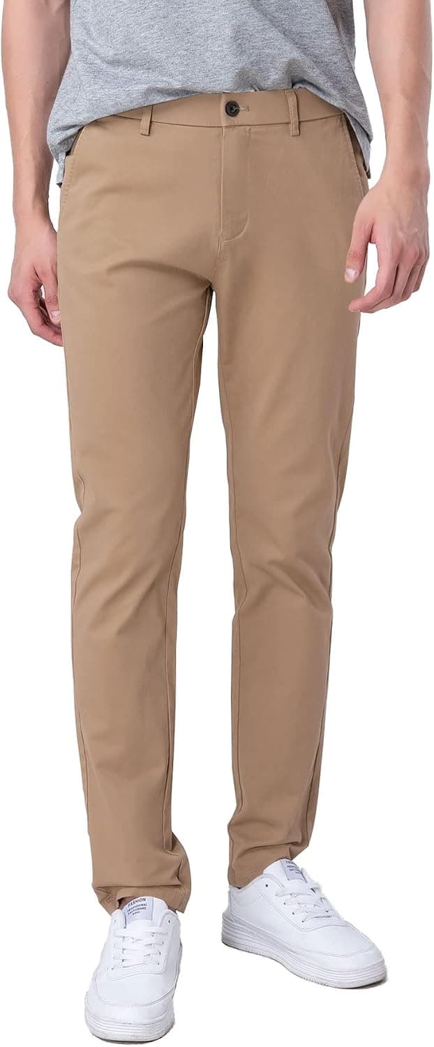 Plaid&Plain Men's Slim Fit Tapered Chino Khaki Pants