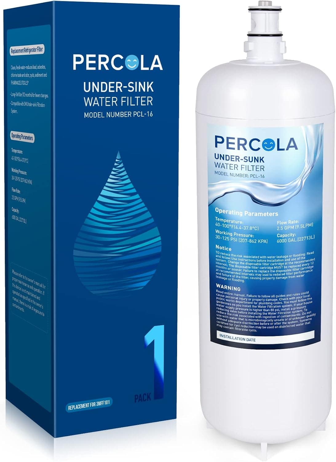 PERCOLA 3MFF101 Under Sink Water Filter, Replacement for Under Sink Full Flow Filtration System 3M Aqua-Pure 3MFF100, 70020249663 6,000 Gallons (1 Pack)