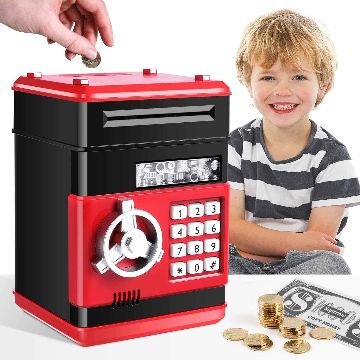 GuDoQi Password Piggy Bank, Digital Electronic Money Bank, Mini ATM Cash Coin Saving Can Toys, Birthday Gifts for Kids, Red Black