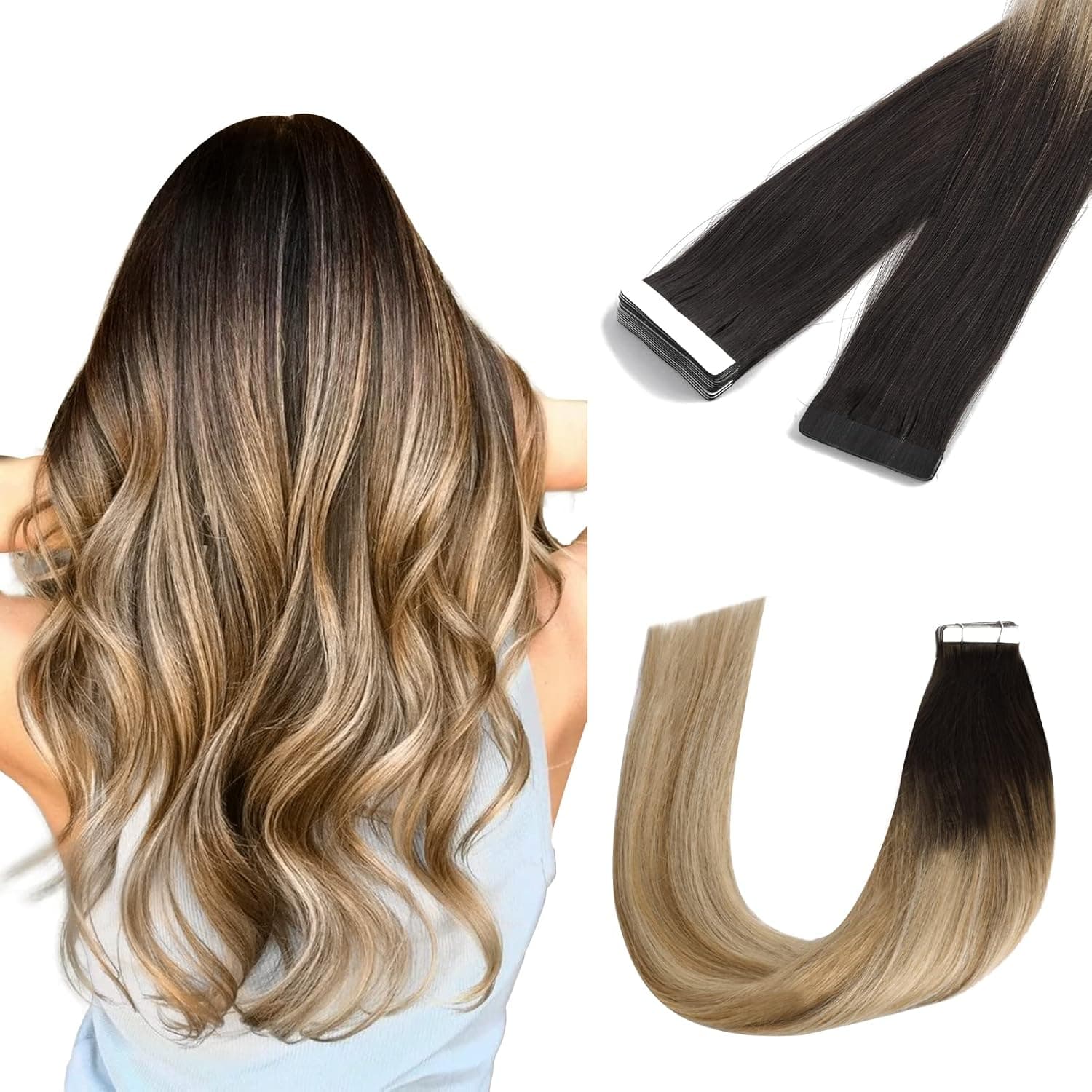 Vlasy Tape in Hair Extensions Human Hair 20pcs Hair Extensions 14 Inch Tape ins Straight Seamless Natural Invisible Tape in Extensions Real Human Hair (14 Inch T2/27+T2/60#)